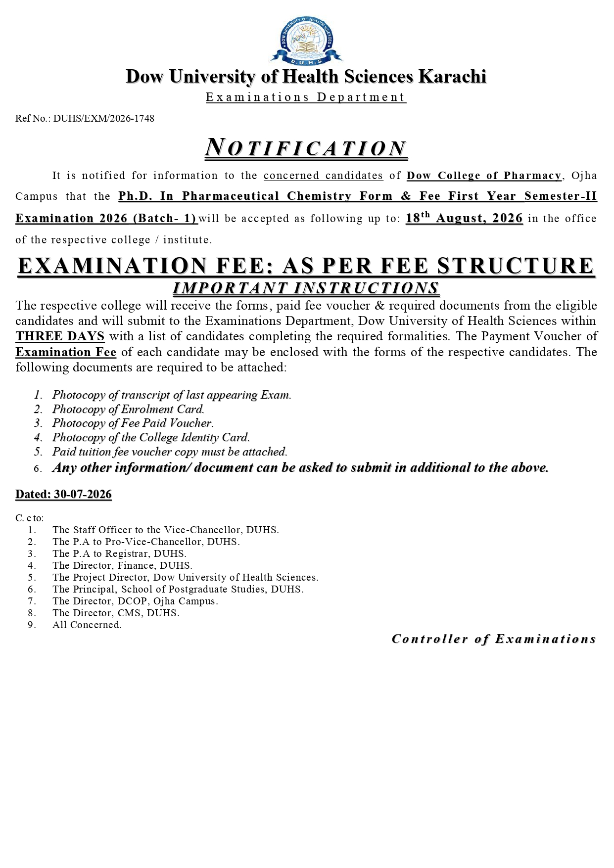 DUHS Issues PhD Pharmaceutical Chem. & Pharmacy Practice Exam Fee Notice 2026