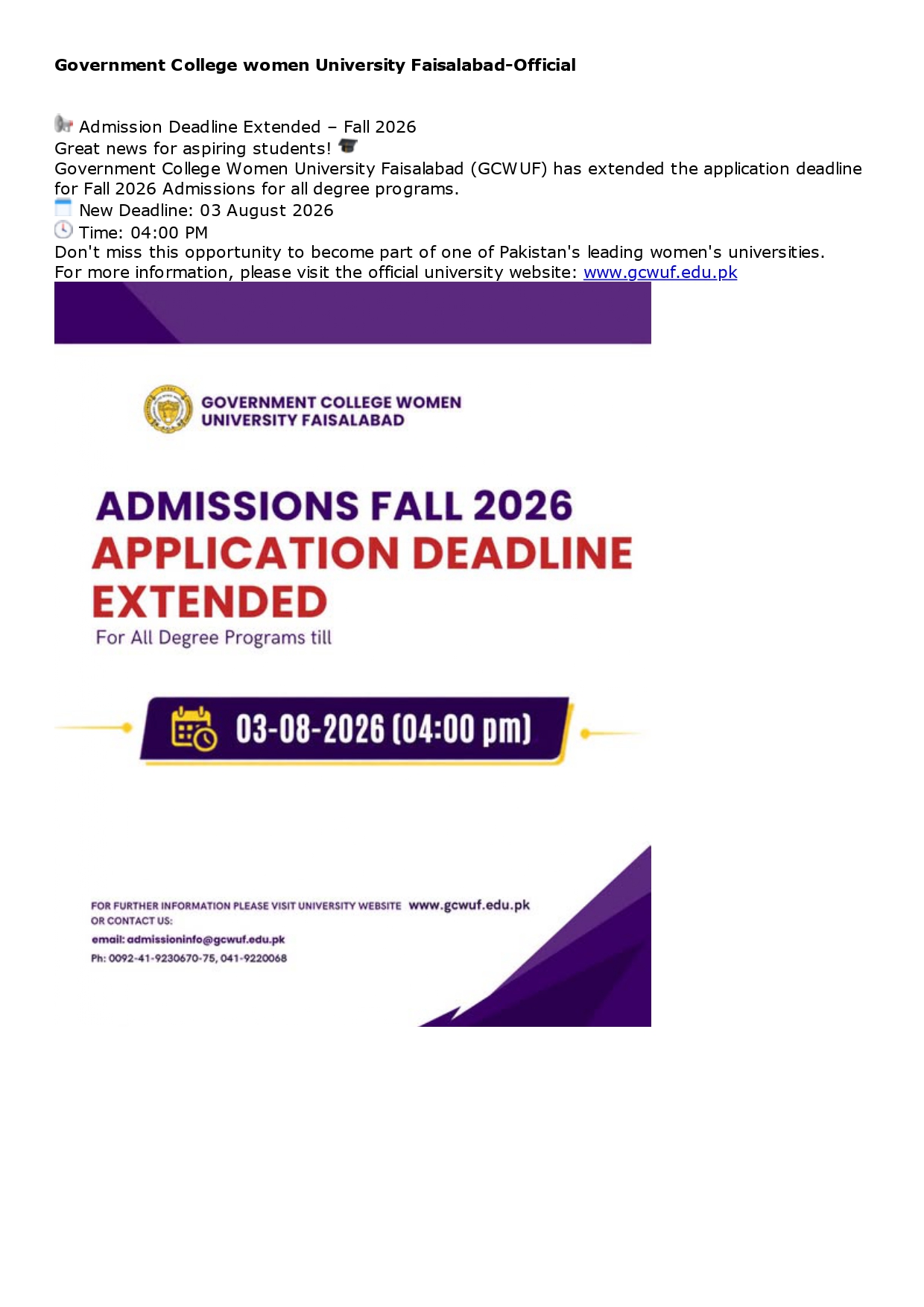 GCWUF Extends Fall 2026 Admission Deadline for All Degree Programs