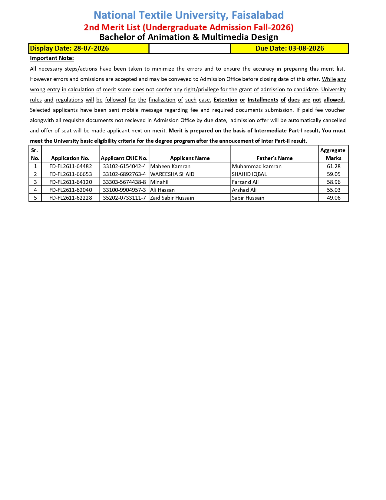 NTU Merit List 2026 for Multiple BS Programs Issued