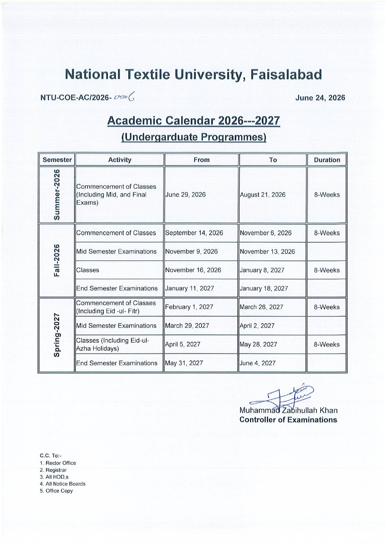 NTU Academic Calendar 2026-2027 Released for Undergraduate Programs