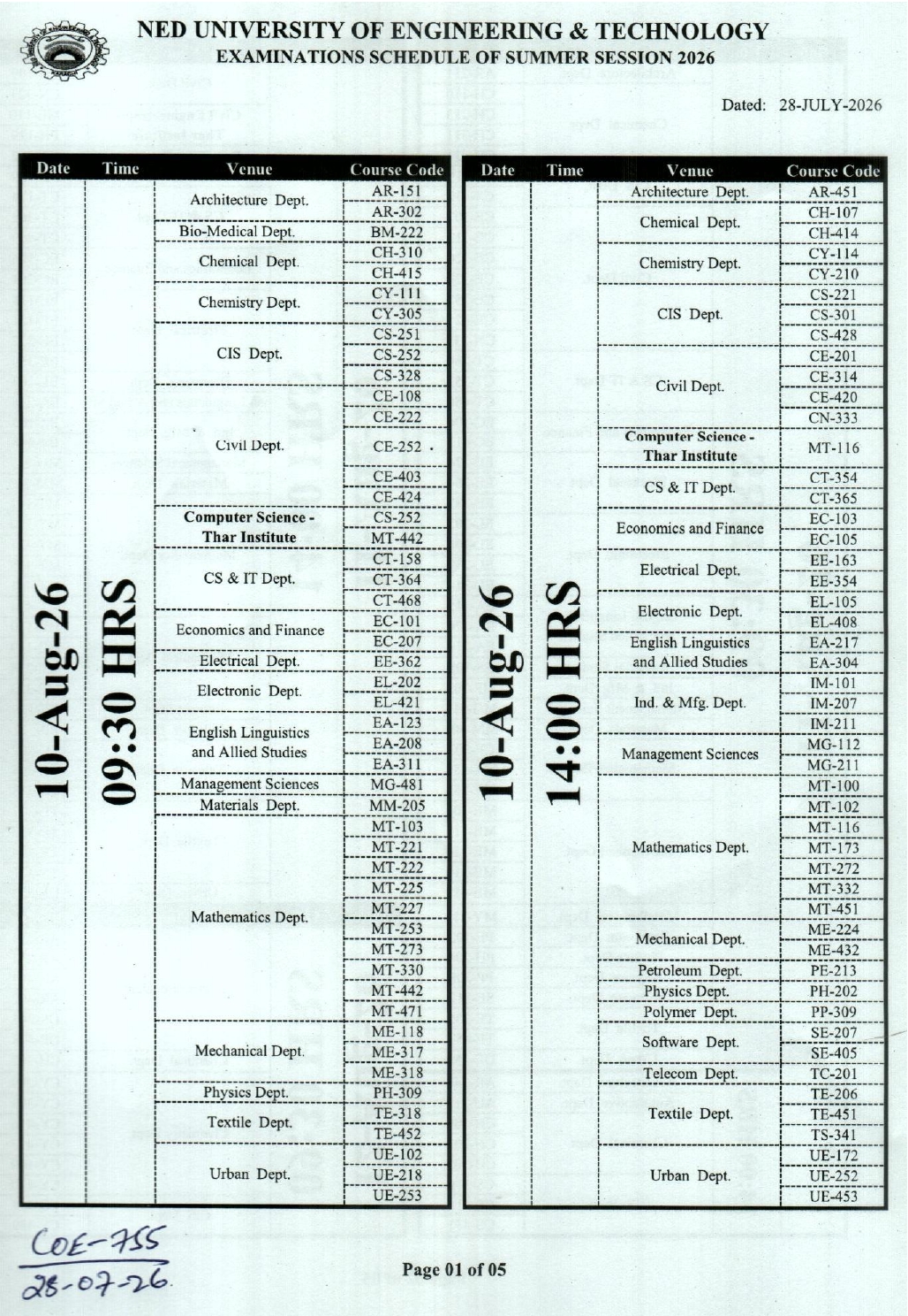 NEDUET Date Sheet 2026 Announced for Summer Session Exams