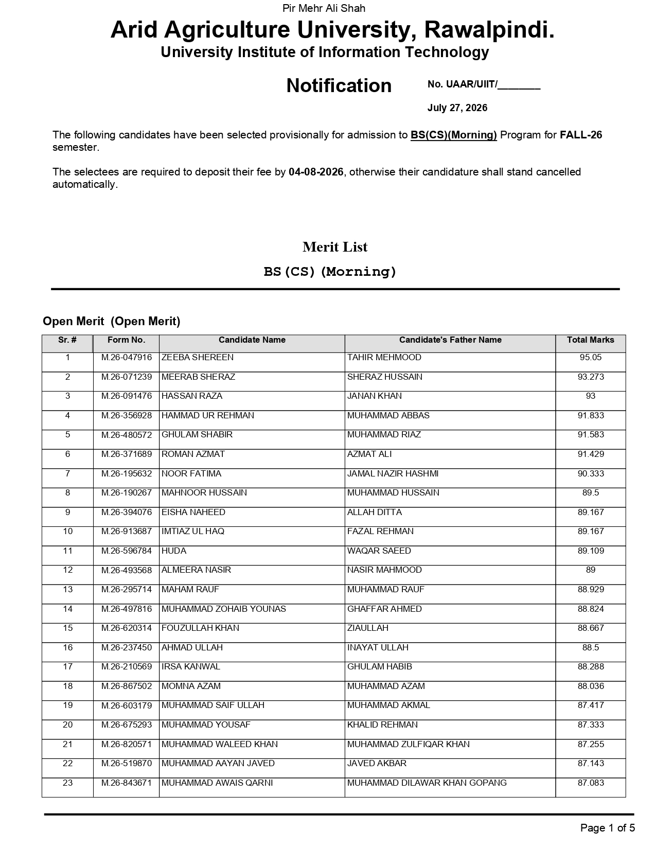 PMAS AAUR Merit List 2026 Announced for Undergraduate Admissions