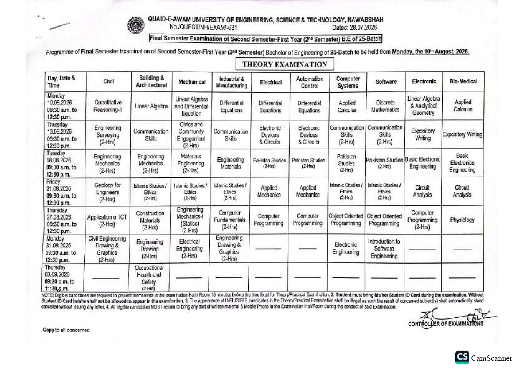 QUEST Releases Date Sheet 2026 for Upcoming Final Semester Exams