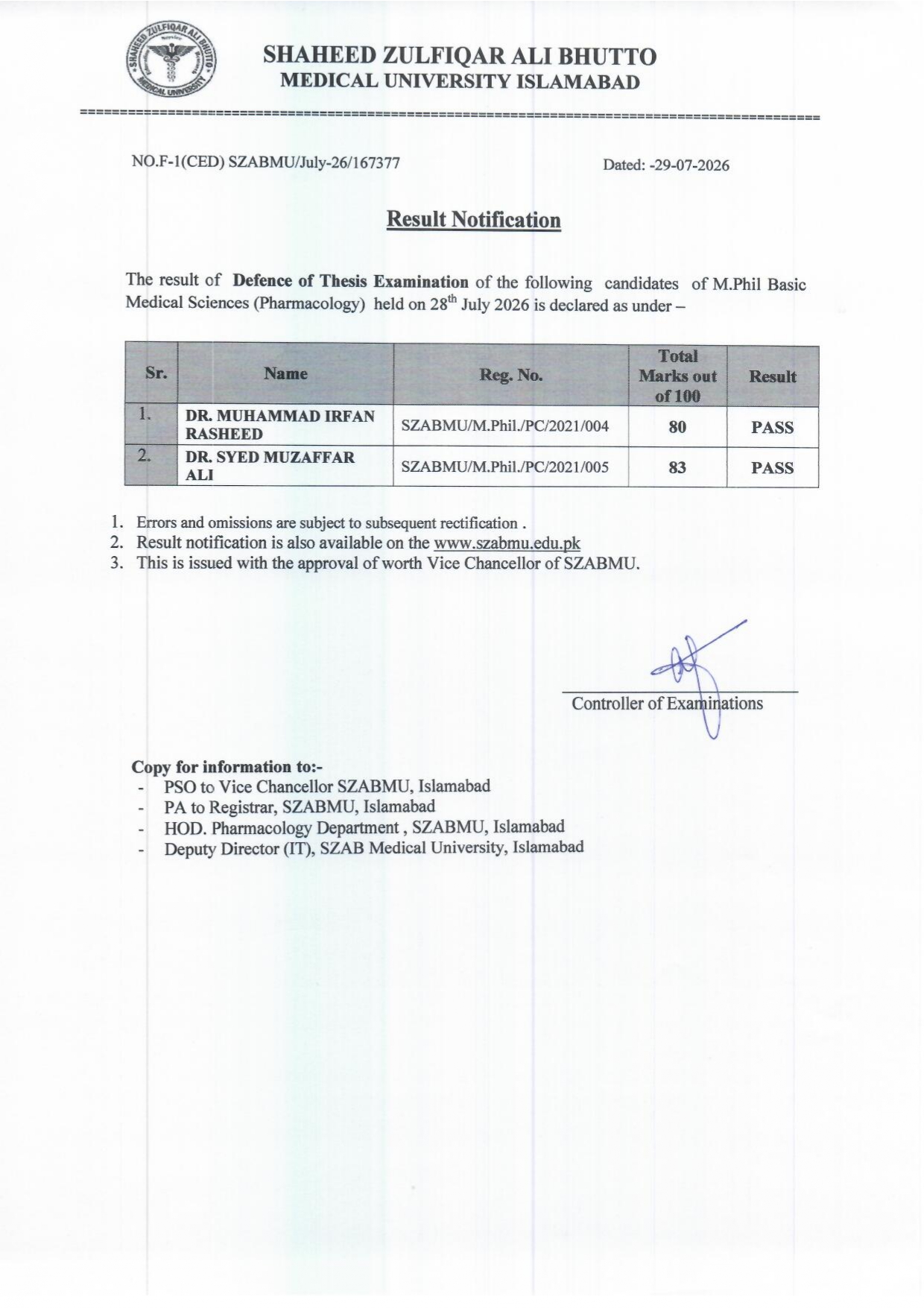 SZABMU Issues MPhil Thesis Defence Exams Result 2026 SZABMU Issues MPhil Thesis Defence Exams Result 2026