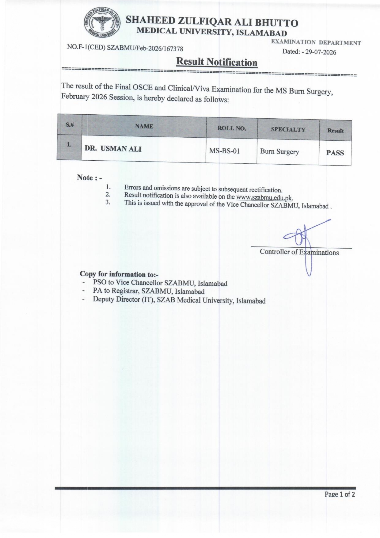 SZABMU Result 2026 Announced for MS Burn Surgery Final OSCE & Clinical/Viva Exam SZABMU Result 2026 Announced for MS Burn Surgery Final OSCE & Clinical/Viva Exam