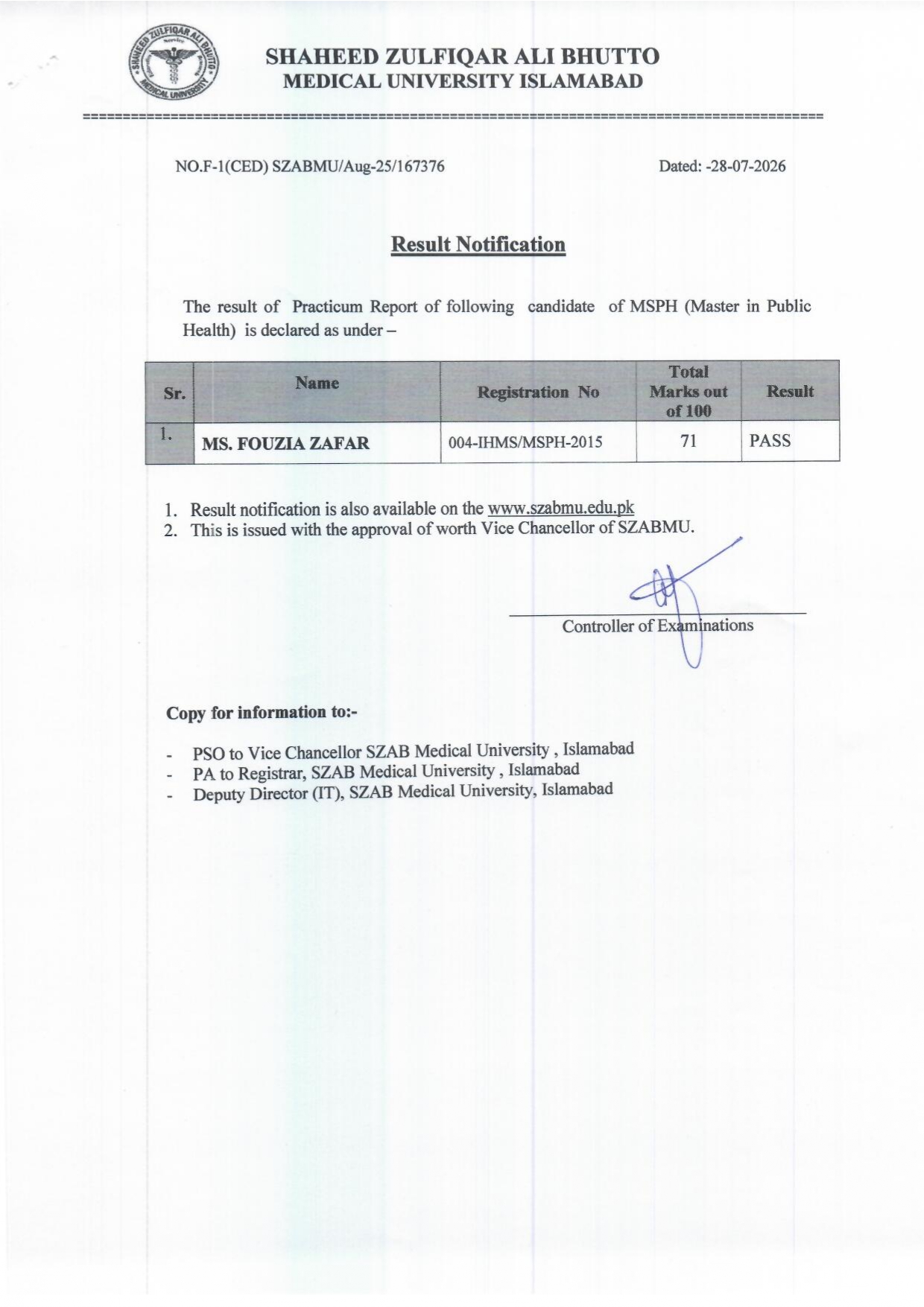 SZABMU Result 2026 Announced for MSPH Practicum Report Candidates SZABMU Result 2026 Announced for MSPH Practicum Report Candidates