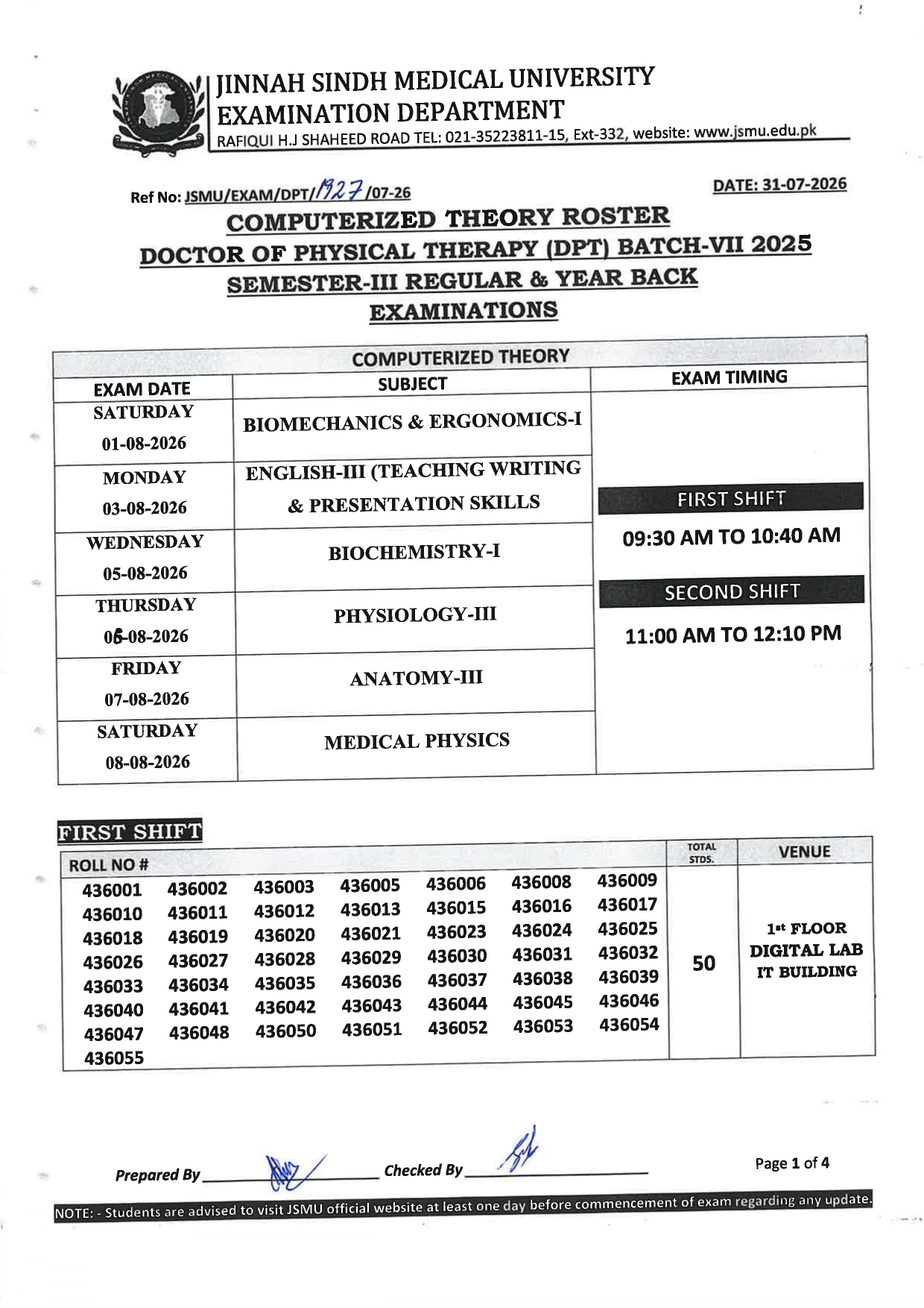 JSMU Announces DPT Program Exams Date Sheet 2026 JSMU Announces DPT Program Exams Date Sheet 2026