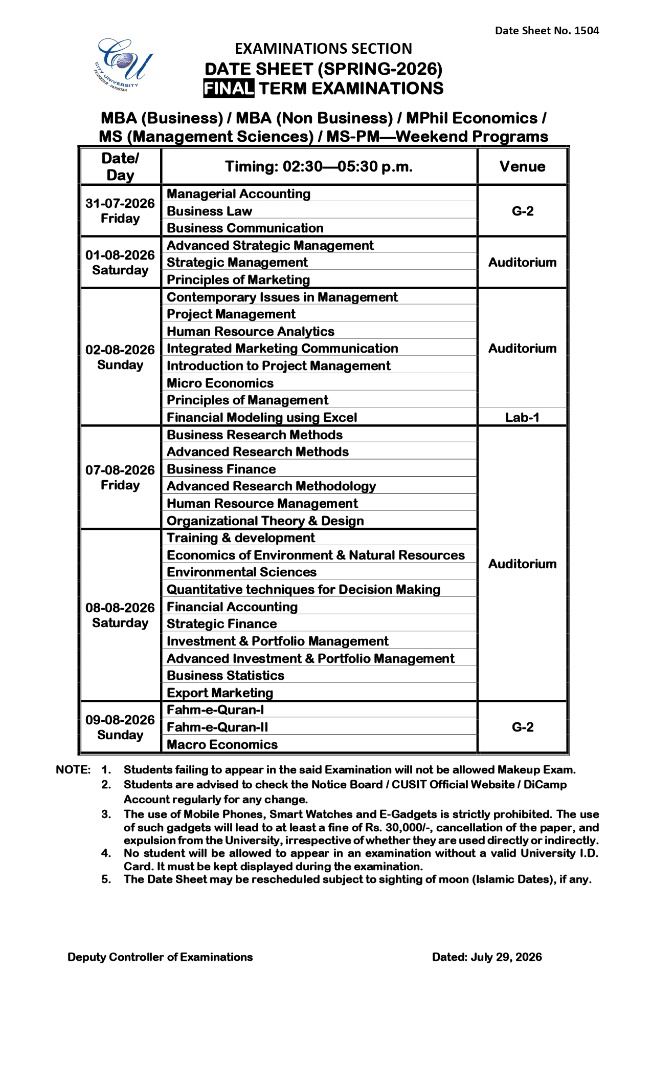 CUSIT Publishes MS, MBA & MPhil Final Term Exams Date Sheet 2026 CUSIT Publishes MS, MBA & MPhil Final Term Exams Date Sheet 2026