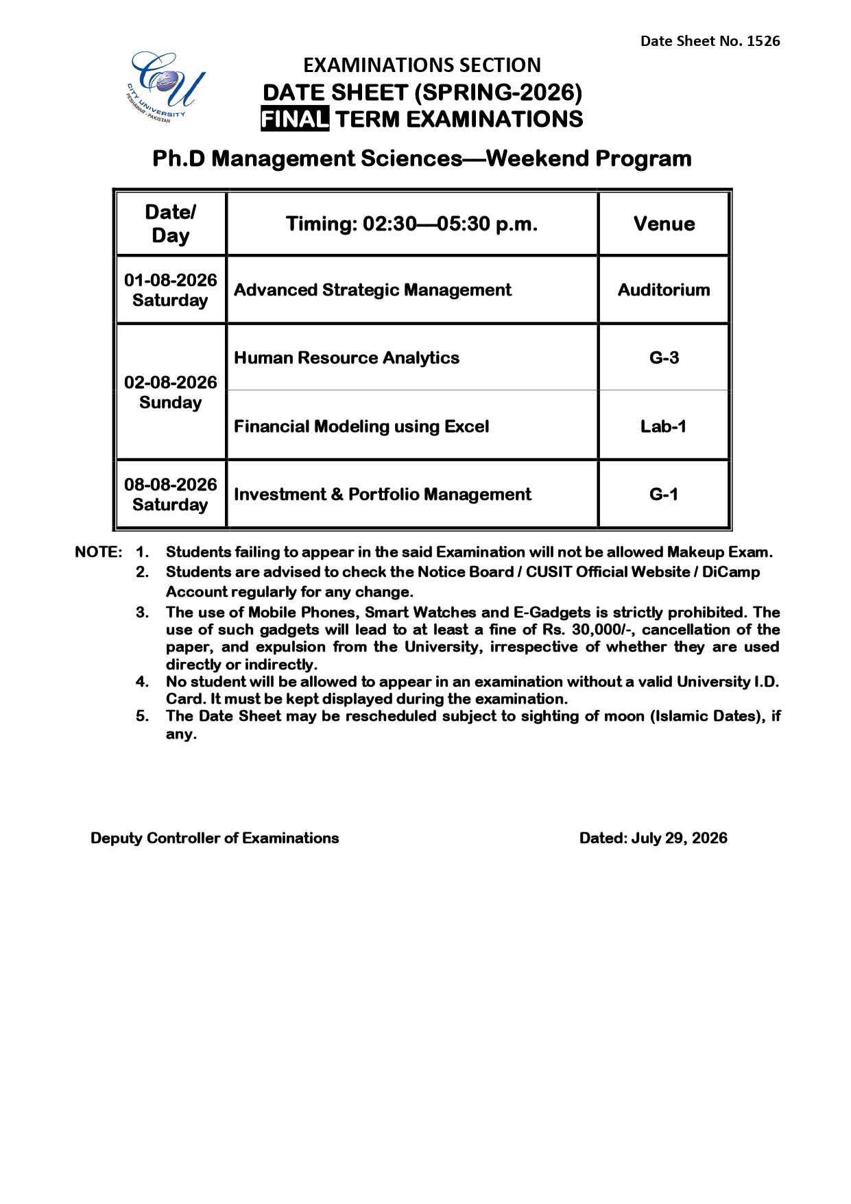 CUSIT Date Sheet 2026 Released for PhD Management Sciences Final Term Exams CUSIT Date Sheet 2026 Released for PhD Management Sciences Final Term Exams