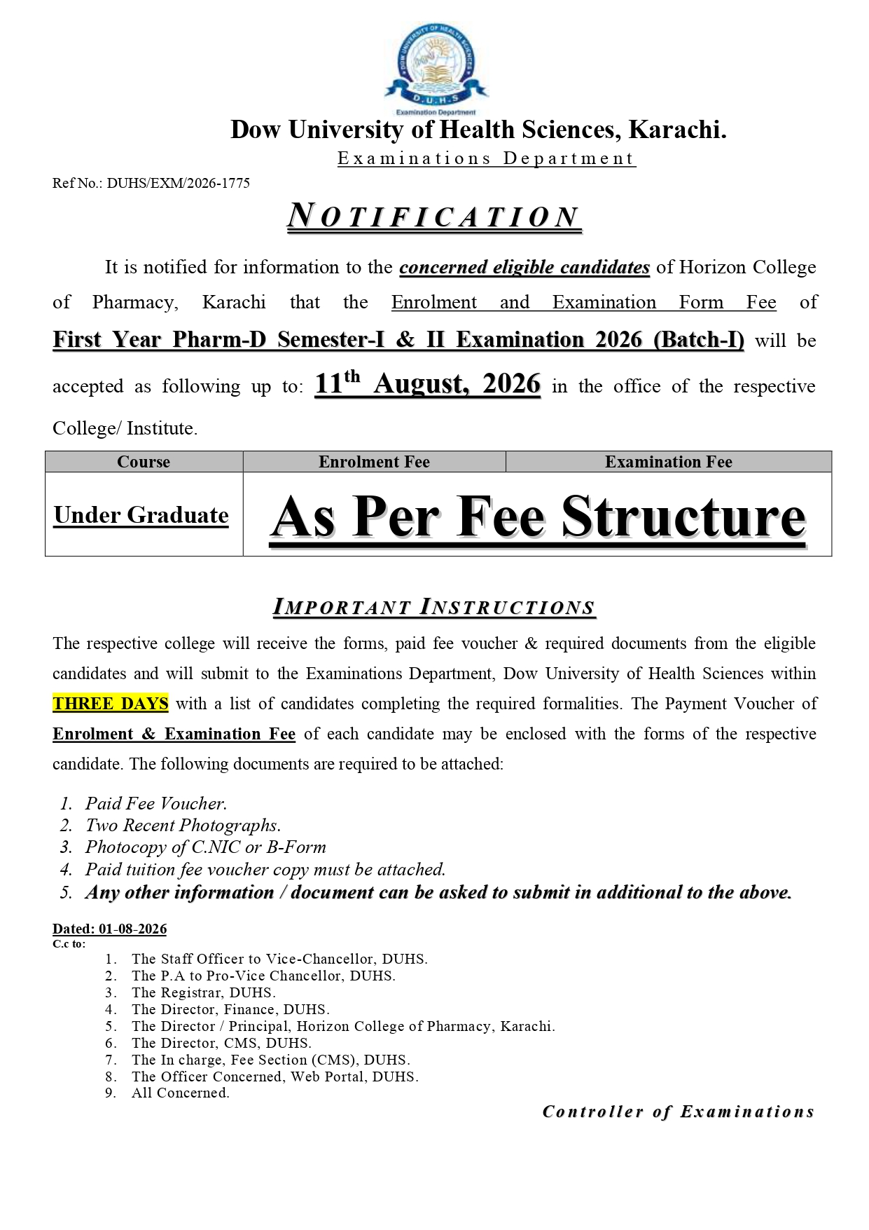 DUHS Enrollment & Exam Form Fee Notice 2026 Released for Pharm-D Students DUHS Enrollment & Exam Form Fee Notice 2026 Released for Pharm-D Students