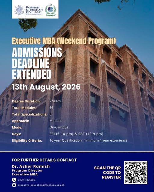 FCCollege Extends Executive MBA Weekend Program Admission Deadline 2026 FCCollege Extends Executive MBA Weekend Program Admission Deadline 2026