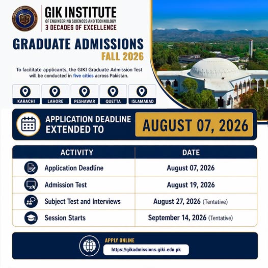 GIKI Extends Graduate Admissions Fall 2026 Application Deadline GIKI Extends Graduate Admissions Fall 2026 Application Deadline