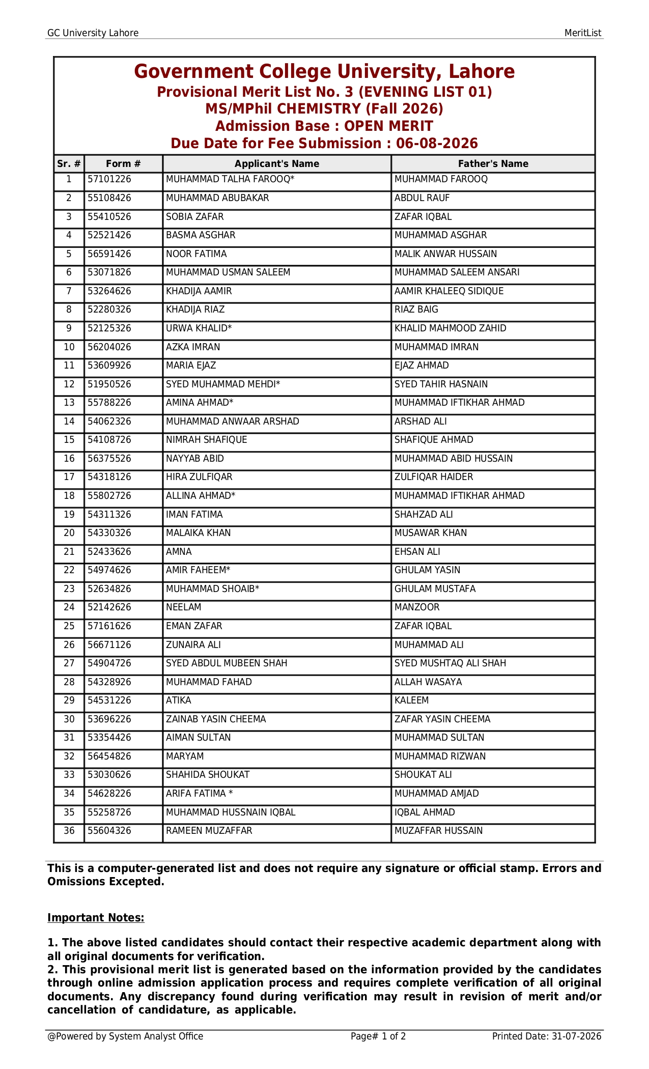 GCU Merit List 2026 Released for MS & MPhil Chemistry Admissions GCU Merit List 2026 Released for MS & MPhil Chemistry Admissions