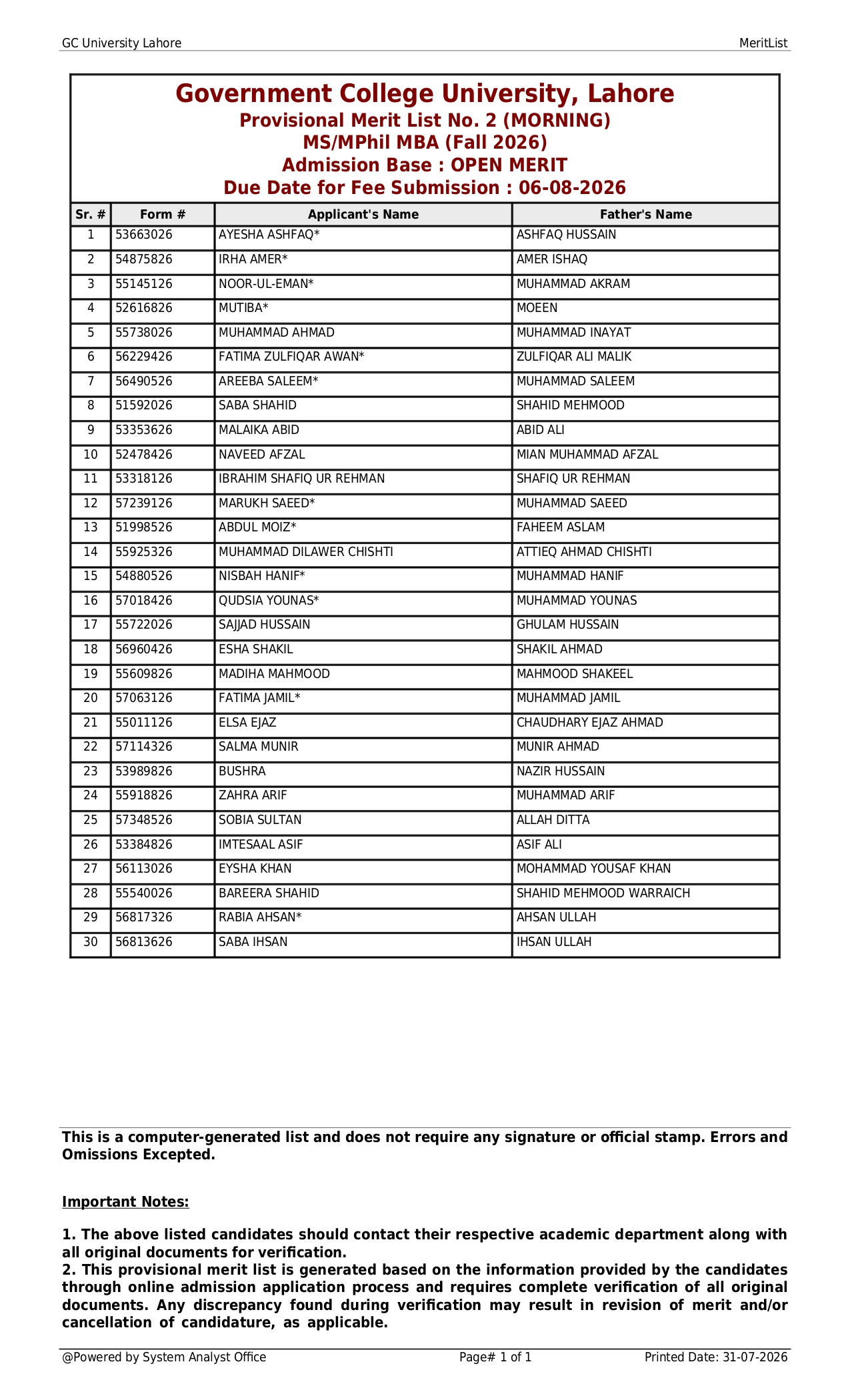 GCU Lahore Announces MS/MPhil MBA Merit List 2026 for Fall Admissions GCU Lahore Announces MS/MPhil MBA Merit List 2026 for Fall Admissions