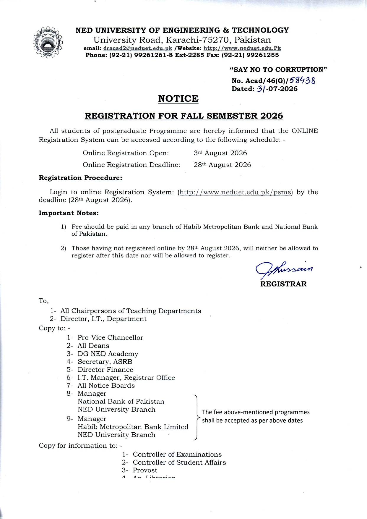 NEDUET Fall Semester 2026 Online Registration Begins from August 3 NEDUET Fall Semester 2026 Online Registration Begins from August 3