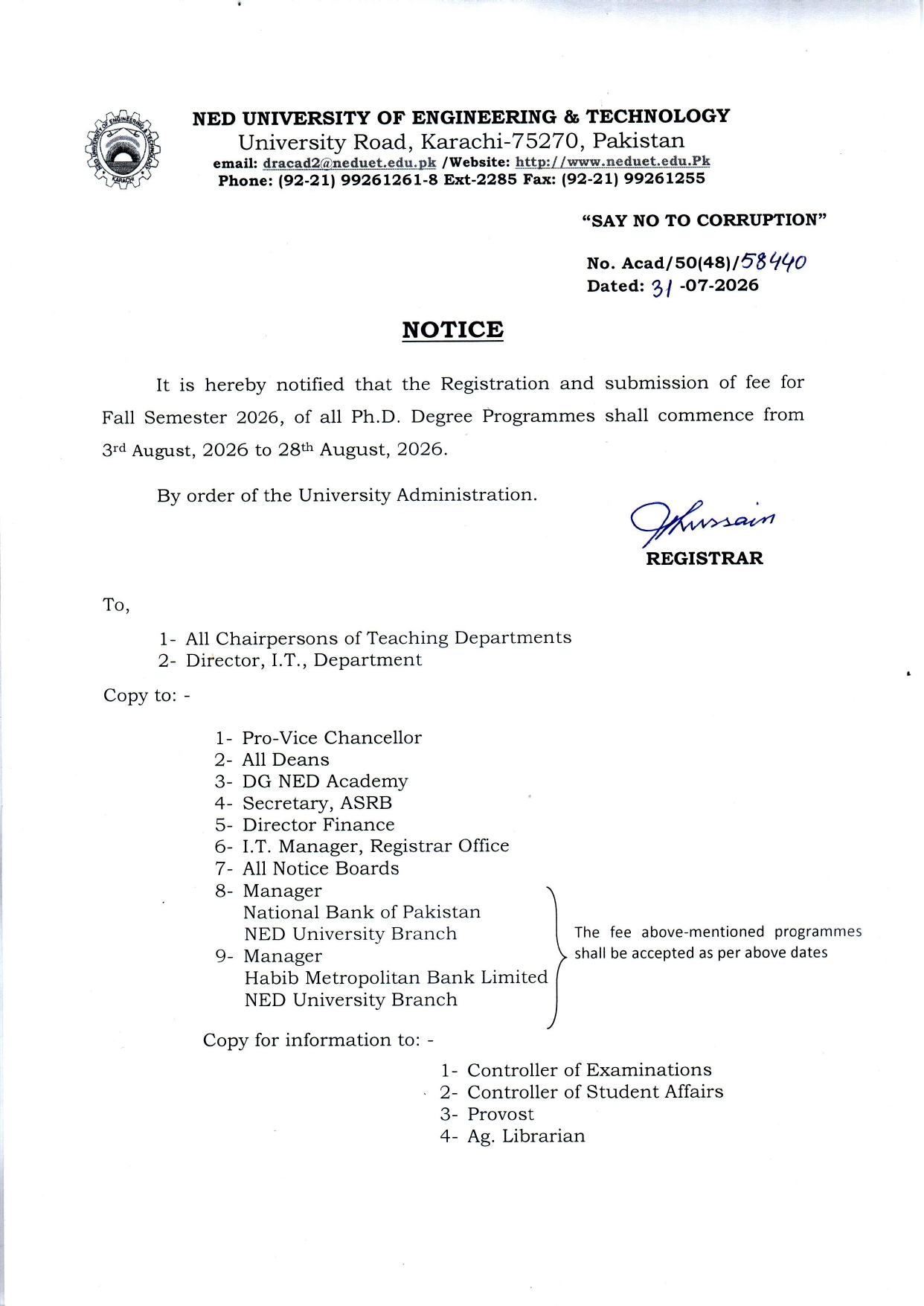 NEDUET Announces Fall Semester 2026 Fee Submission Notice for Ph.D. Programs NEDUET Announces Fall Semester 2026 Fee Submission Notice for Ph.D. Programs