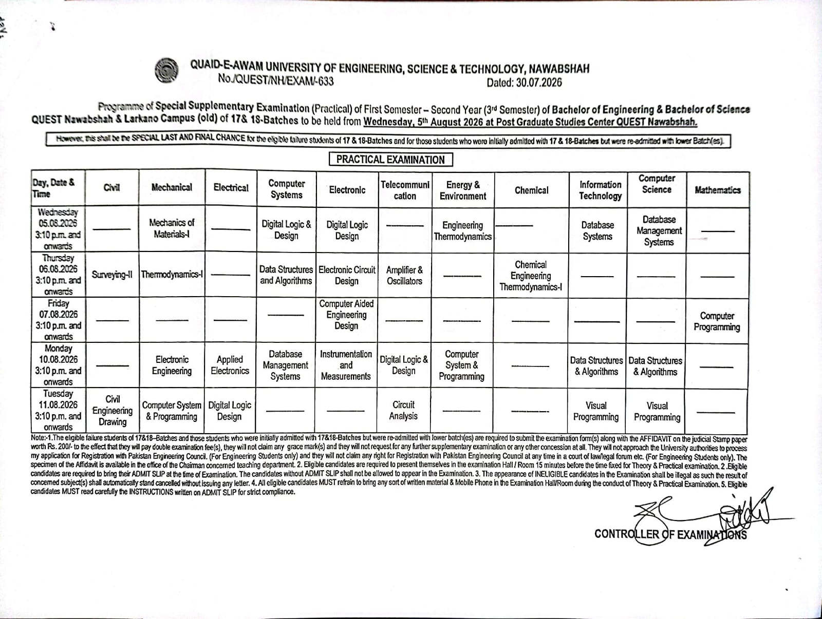 QUEST Time Table 2026 Now Available for BE & BS Programs QUEST Time Table 2026 Now Available for BE & BS Programs
