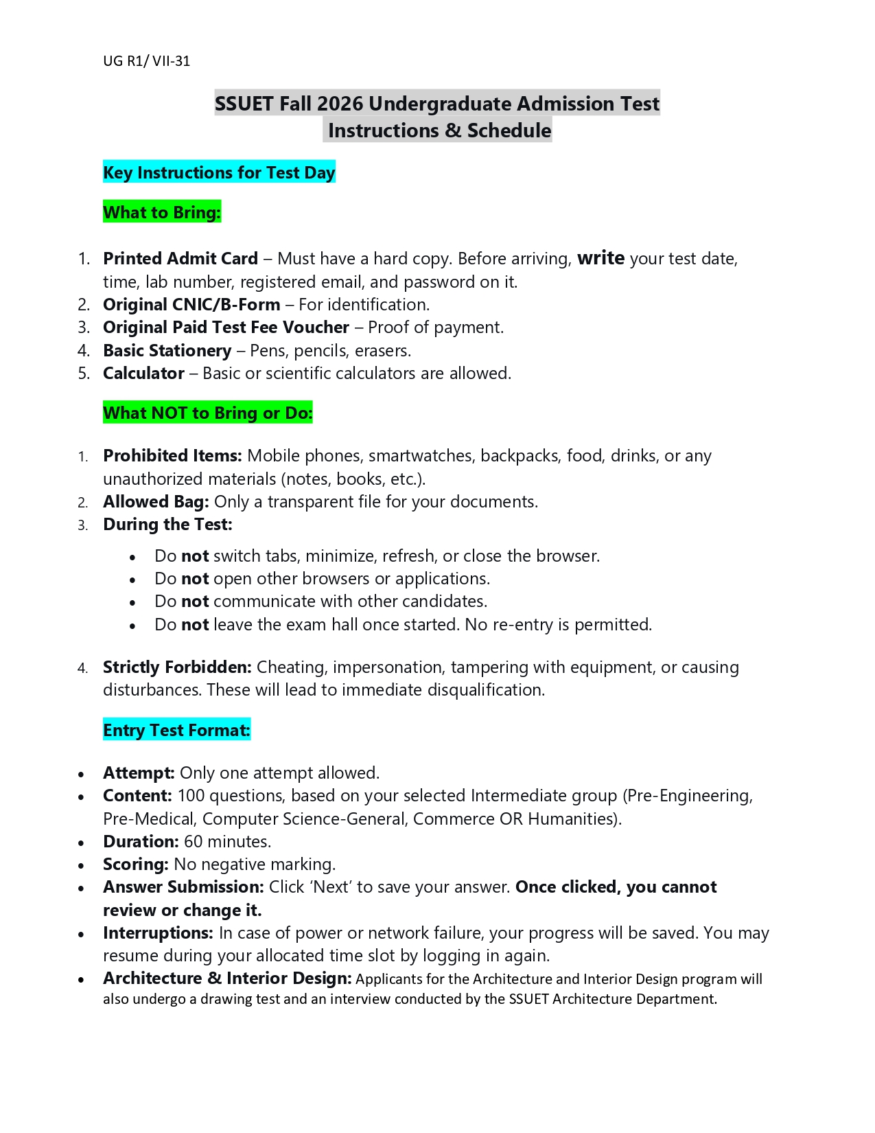 SSUET Admission Test Instructions & Schedule 2026 for UG Programs Released SSUET Admission Test Instructions & Schedule 2026 for UG Programs Released