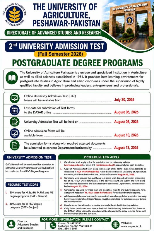 AUP Announces PG Degree Programs 2nd Admission Test Schedule 2026 AUP Announces PG Degree Programs 2nd Admission Test Schedule 2026
