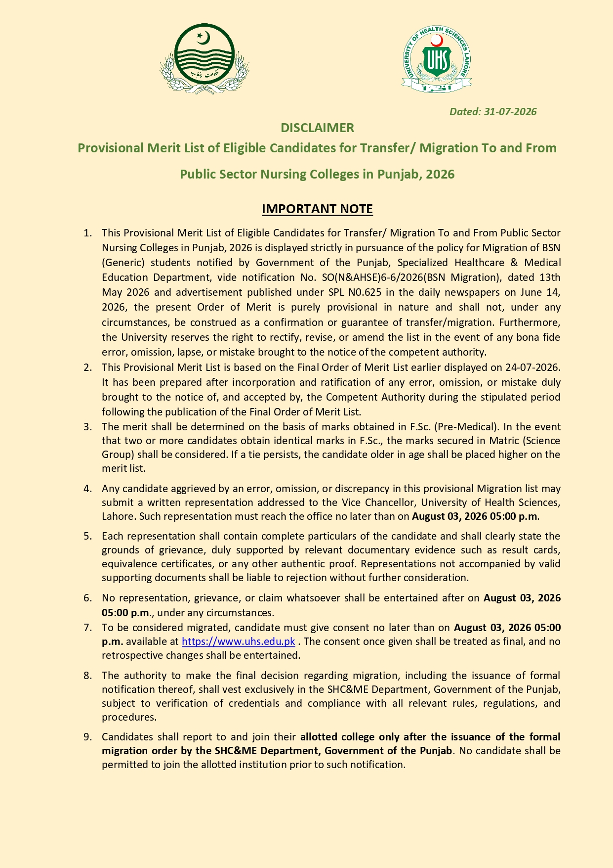 UHS Issues Provisional Merit List 2026 of BSN Candidates Eligible for Transfer UHS Issues Provisional Merit List 2026 of BSN Candidates Eligible for Transfer