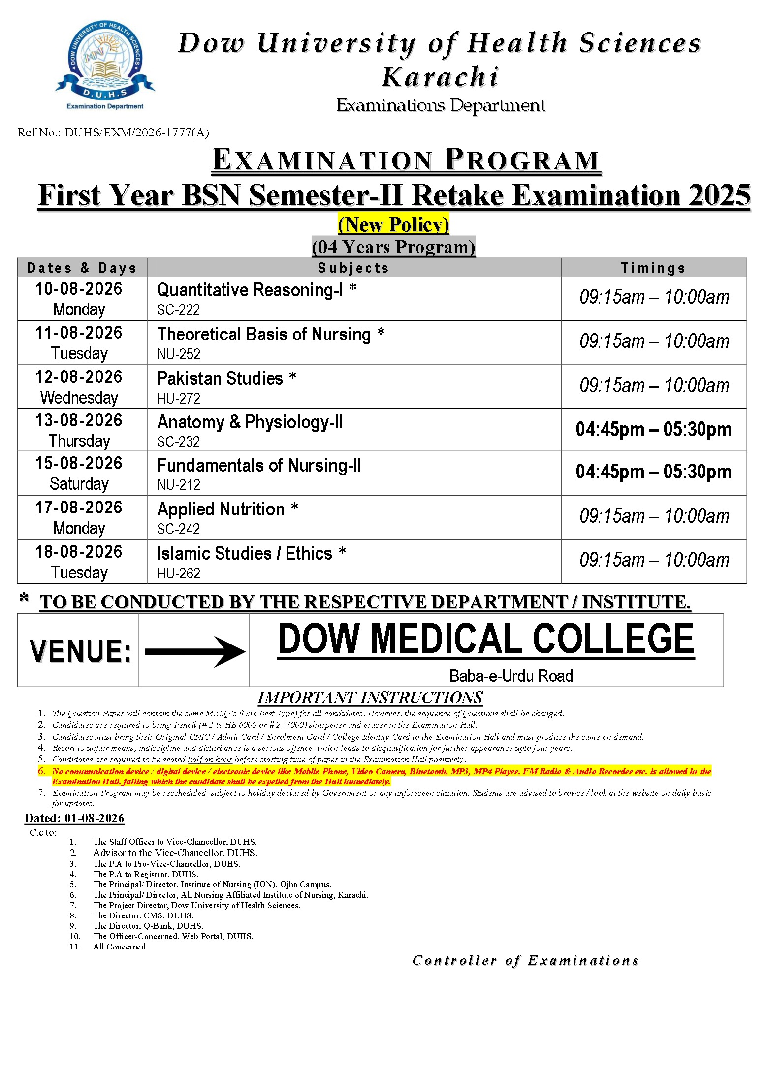 DUHS Date Sheet 2026 Released for First Year BSN Semester-II Retake Exams DUHS Date Sheet 2026 Released for First Year BSN Semester-II Retake Exams