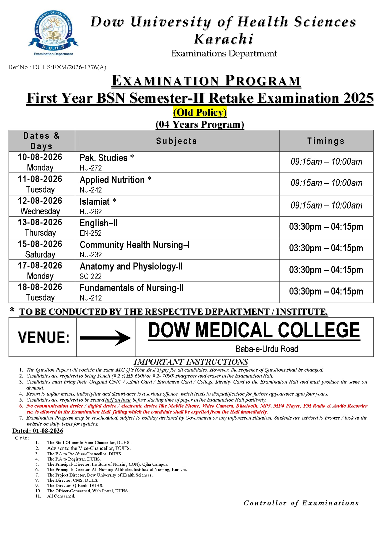 DUHS Issues BSN Old Policy Exams Date Sheet 2026 DUHS Issues BSN Old Policy Exams Date Sheet 2026