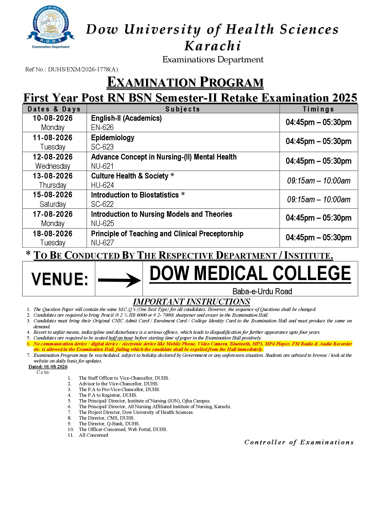 DUHS Date Sheet 2026 Released for First Year Post RN BSN Retake Exams DUHS Date Sheet 2026 Released for First Year Post RN BSN Retake Exams