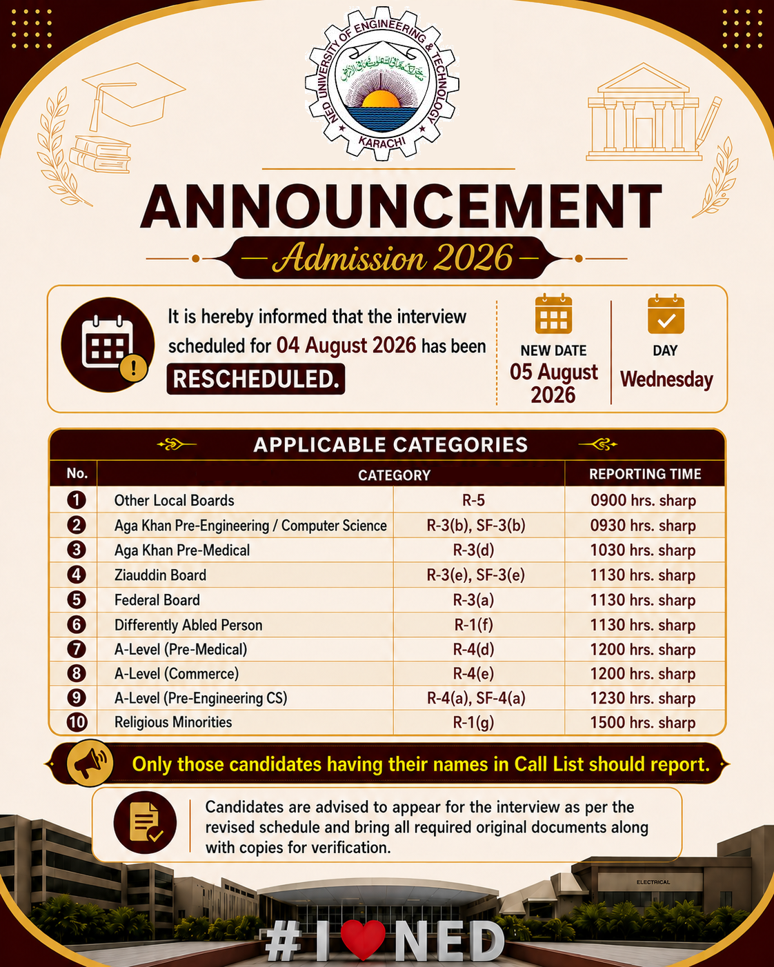 NEDUET Interview Reschedule Notice 2026 Issued for Admission Applicants NEDUET Interview Reschedule Notice 2026 Issued for Admission Applicants