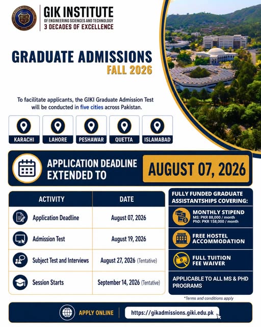 GIKI Admission Notice 2026 Released for Graduate Admissions Fall 2026 GIKI Admission Notice 2026 Released for Graduate Admissions Fall 2026