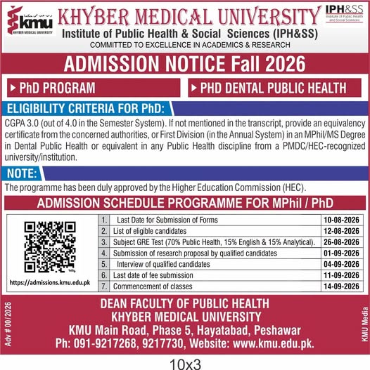 KMU Admission Notice 2026 Announced for PhD Dental Public Health Program KMU Admission Notice 2026 Announced for PhD Dental Public Health Program