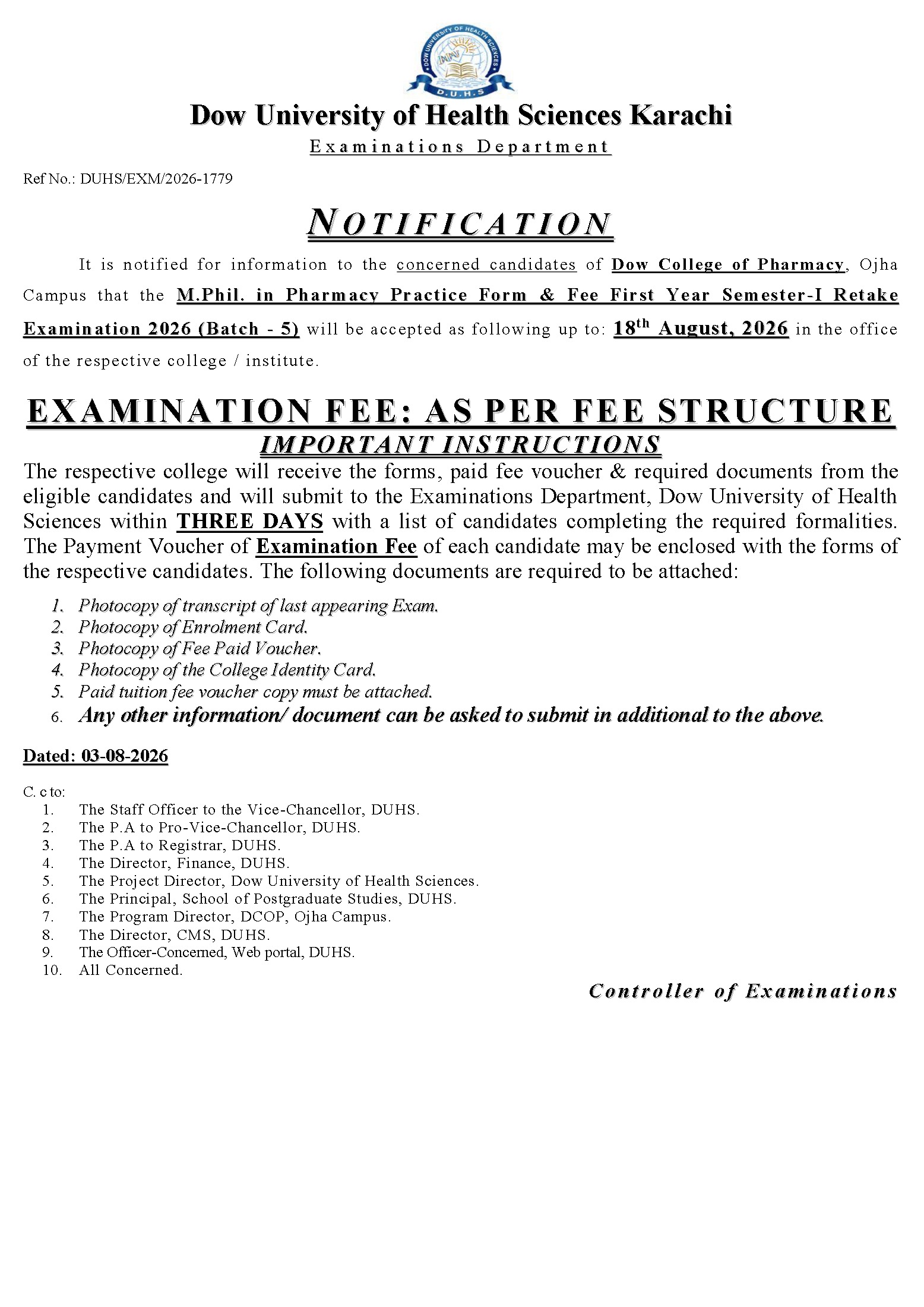 DUHS MPhil Pharmacy Practice Retake Exam Form & Fee Notice 2026 Out DUHS MPhil Pharmacy Practice Retake Exam Form & Fee Notice 2026 Out