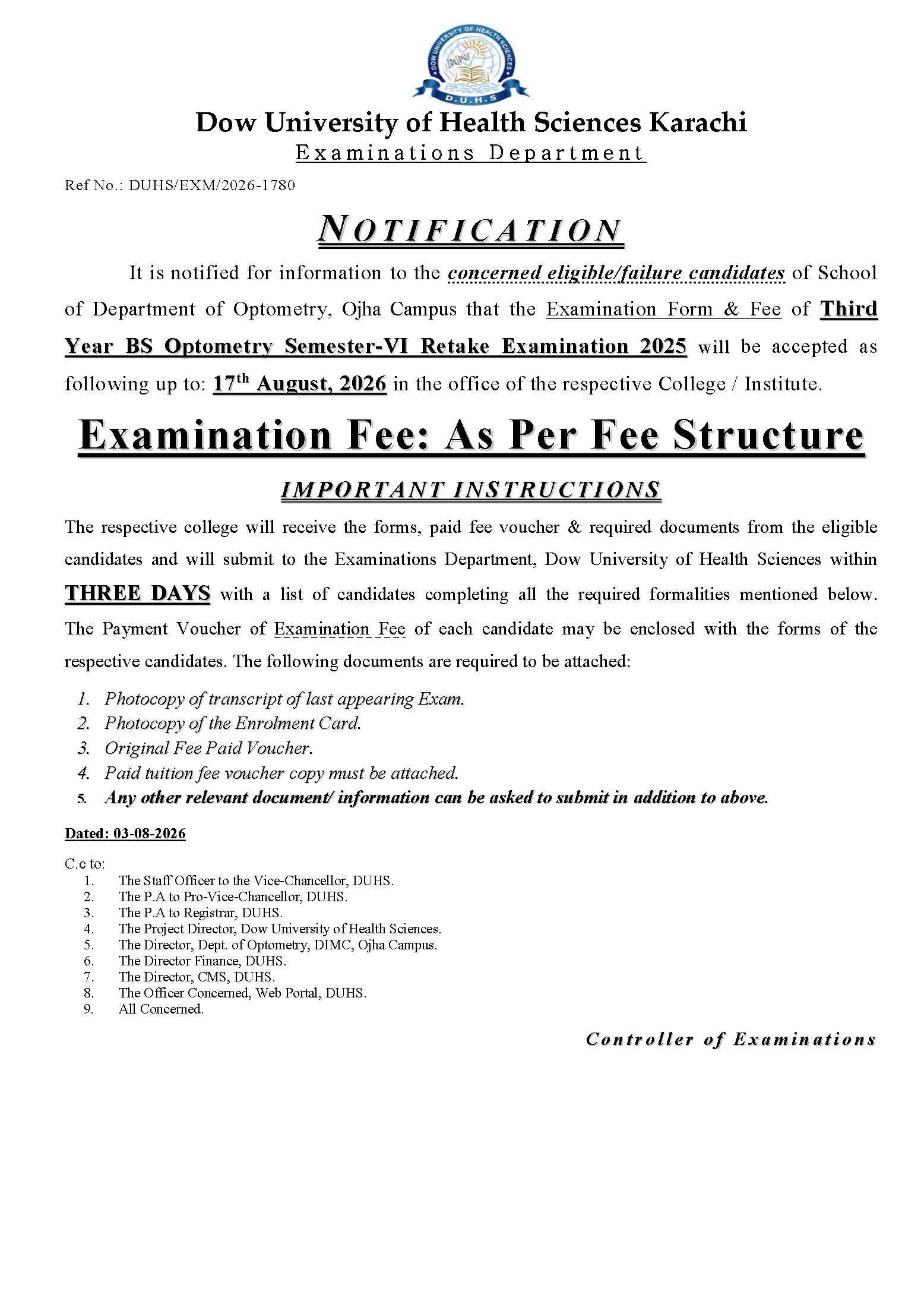 DUHS 3rd Year BS Optometry Semester VI Retake Exam Form 2026 DUHS 3rd Year BS Optometry Semester VI Retake Exam Form 2026
