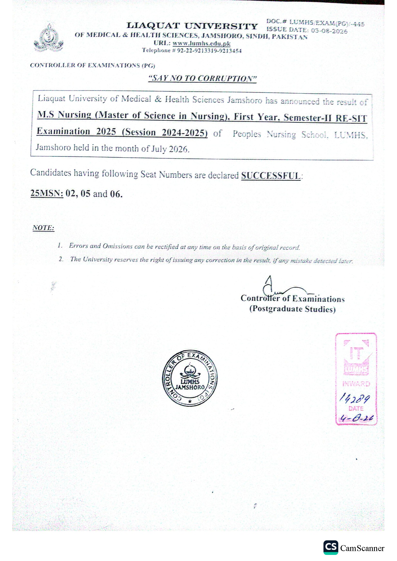 LUMHS Result 2026 Announced for MSN Students LUMHS Result 2026 Announced for MSN Students