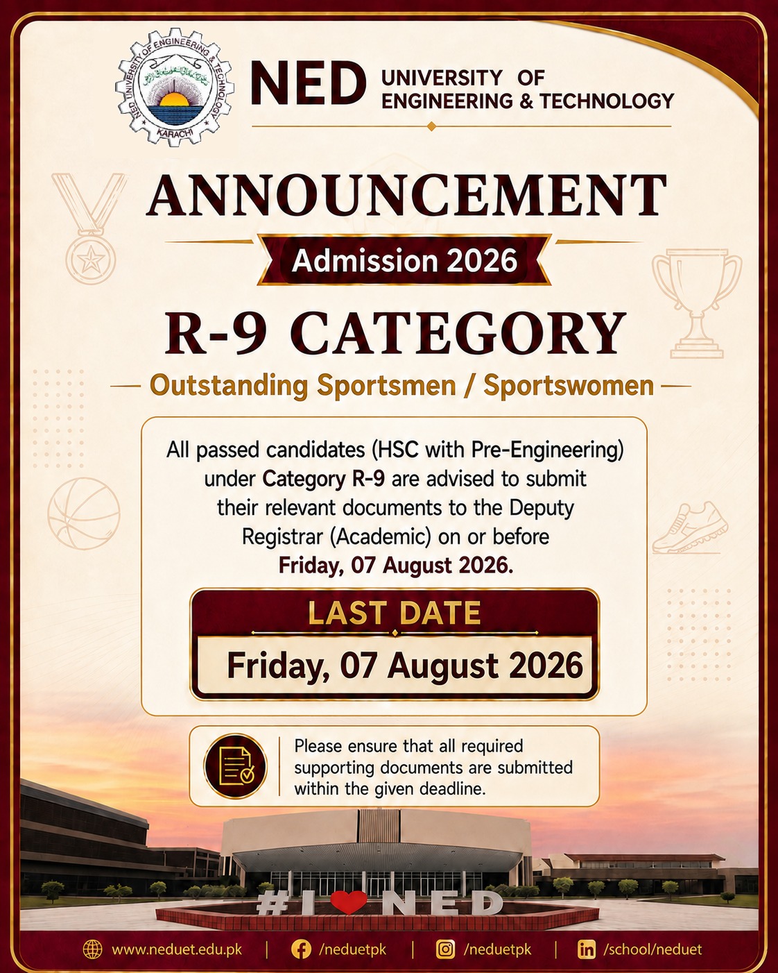 NEDUET R-9 Category Admission Document Submission Deadline 2026 NEDUET R-9 Category Admission Document Submission Deadline 2026