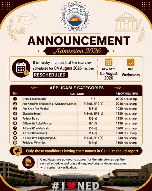NEDUET Fall 2026 Admission Interview Reschedule Update NEDUET Fall 2026 Admission Interview Reschedule Update