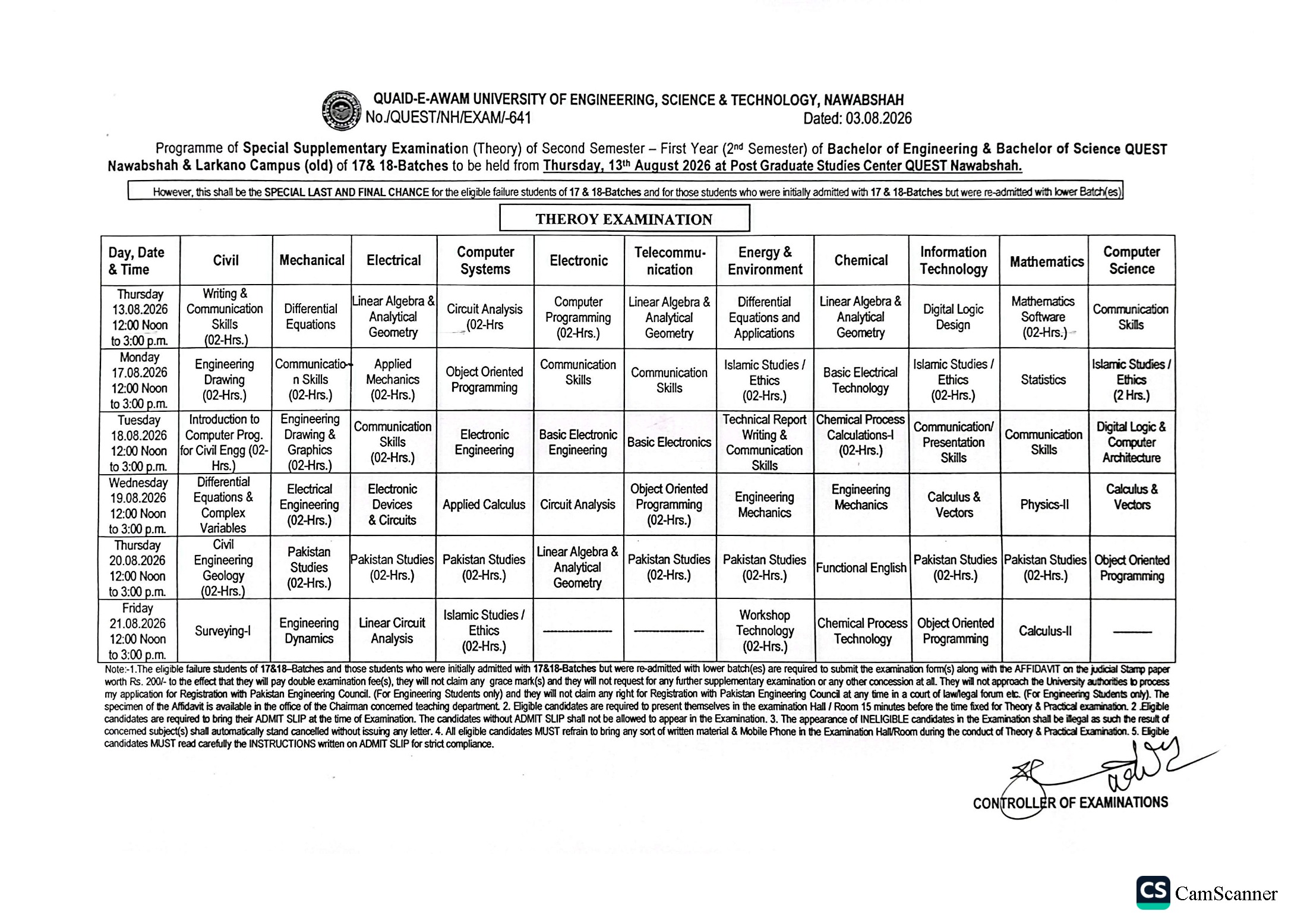 QUEST Date Sheet 2026 Released for Special Supplementary Exams QUEST Date Sheet 2026 Released for Special Supplementary Exams