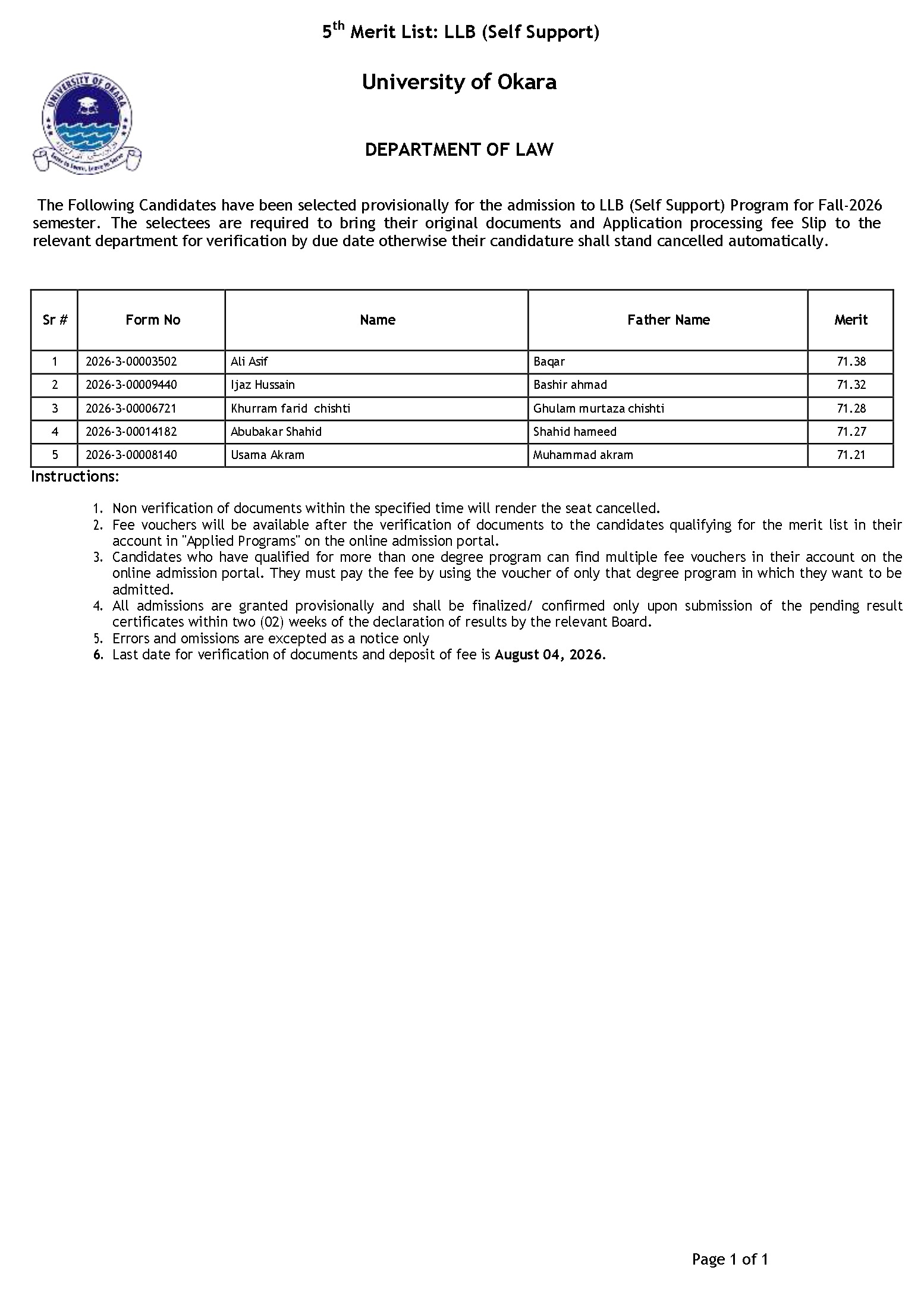 UOkara Merit List 2026 Released for LLB Admissions UOkara Merit List 2026 Released for LLB Admissions