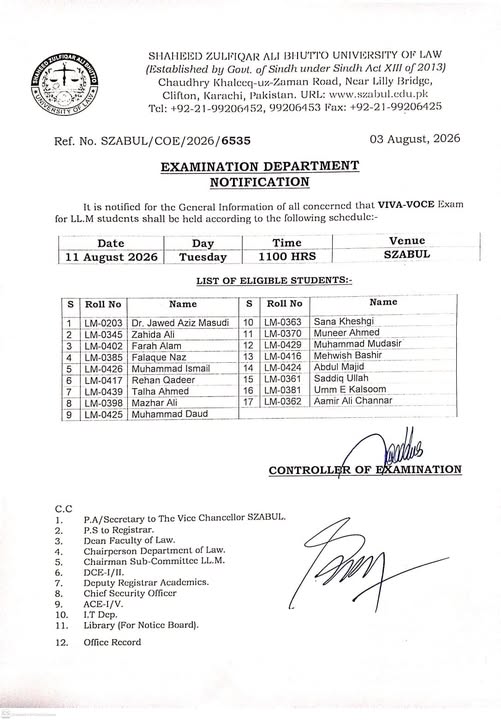 SZABUL Exam Notice 2026 Announced for Students SZABUL Exam Notice 2026 Announced for Students