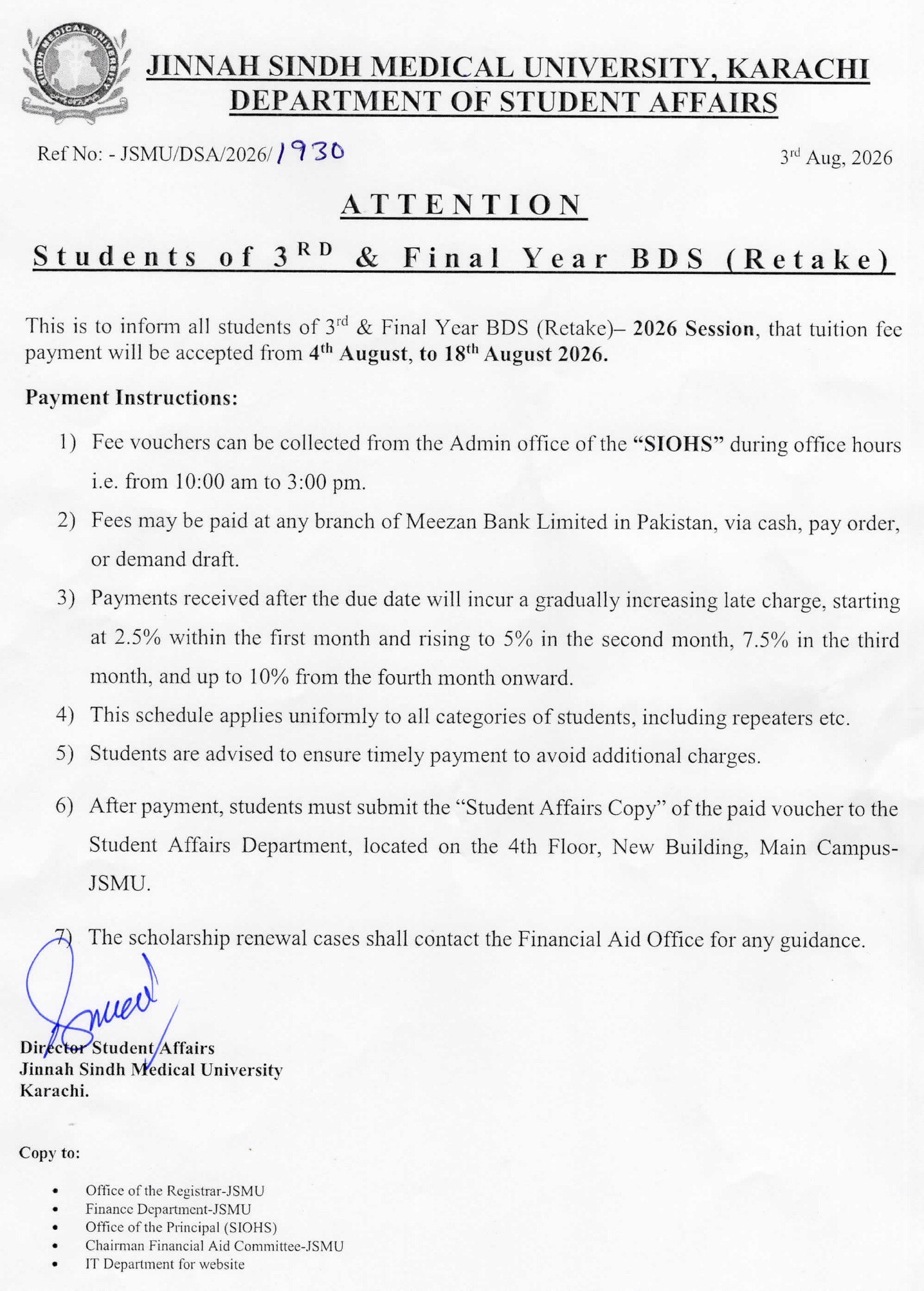 JSMU Announces BDS Retake Fee Notice 2026 JSMU Announces BDS Retake Fee Notice 2026