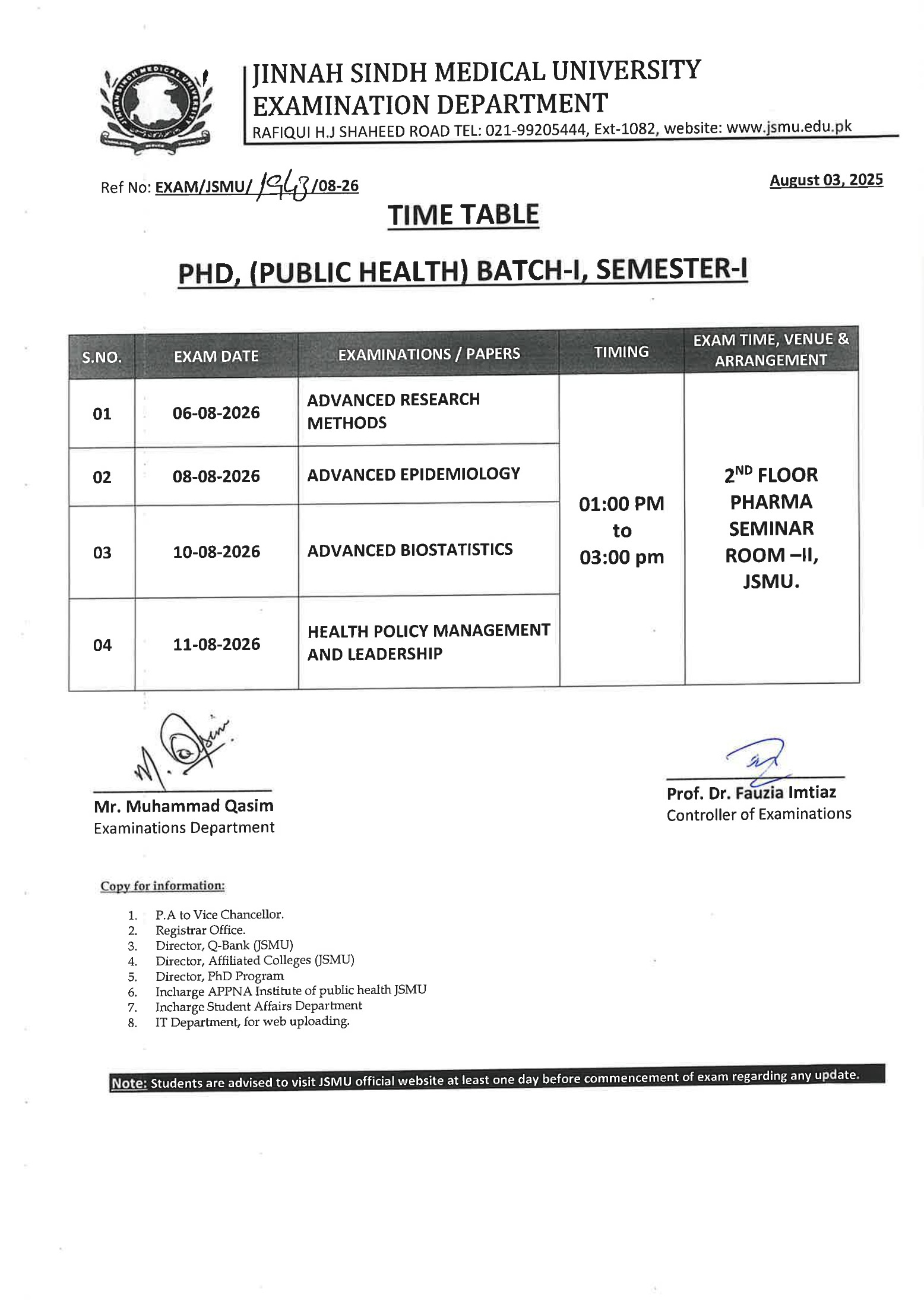JSMU Time Table 2026 Released for PhD Public Health Semester I Exams JSMU Time Table 2026 Released for PhD Public Health Semester I Exams
