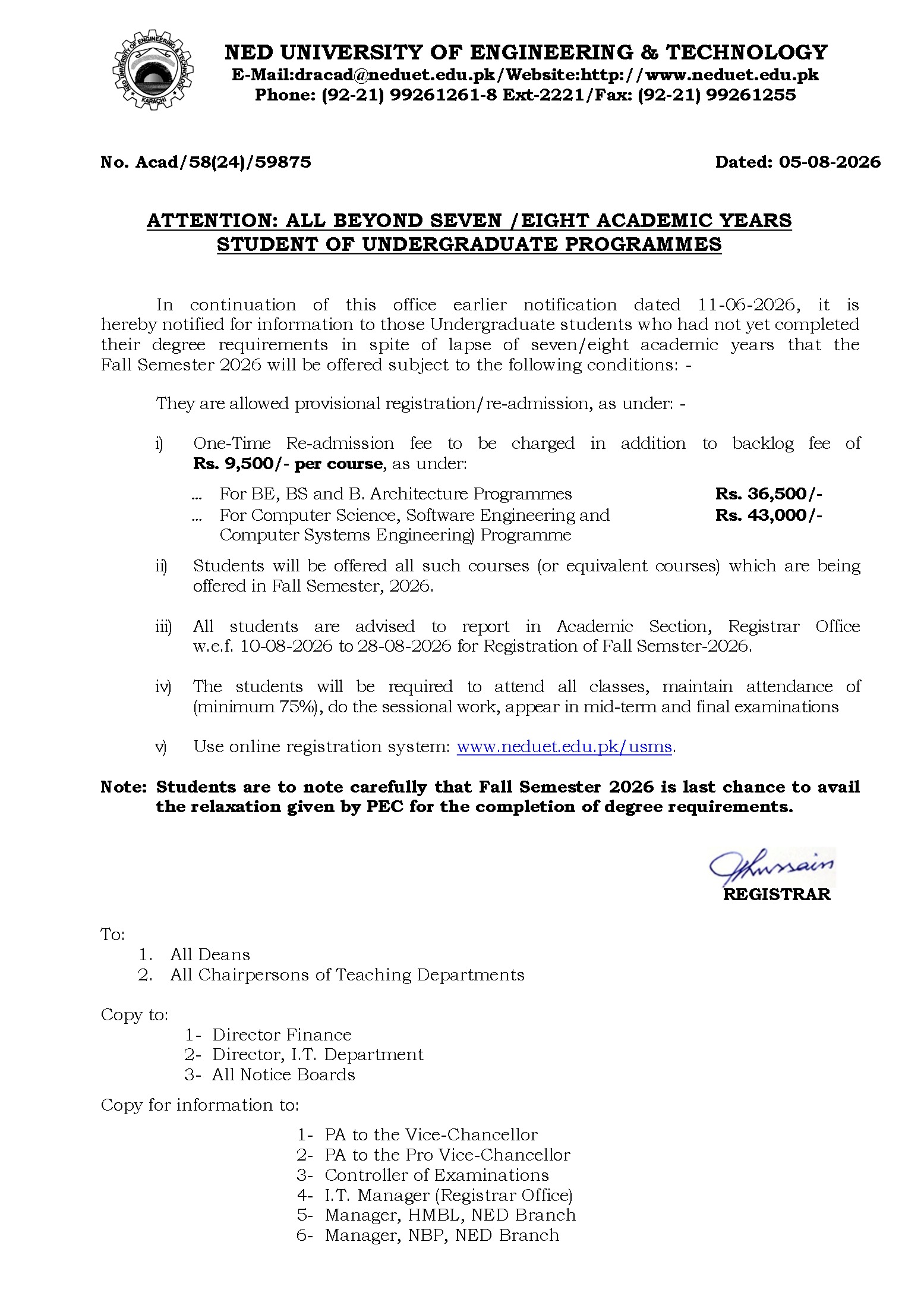 NEDUET Registration & Fee Notice 2026 Issued for Undergraduate Students NEDUET Registration & Fee Notice 2026 Issued for Undergraduate Students