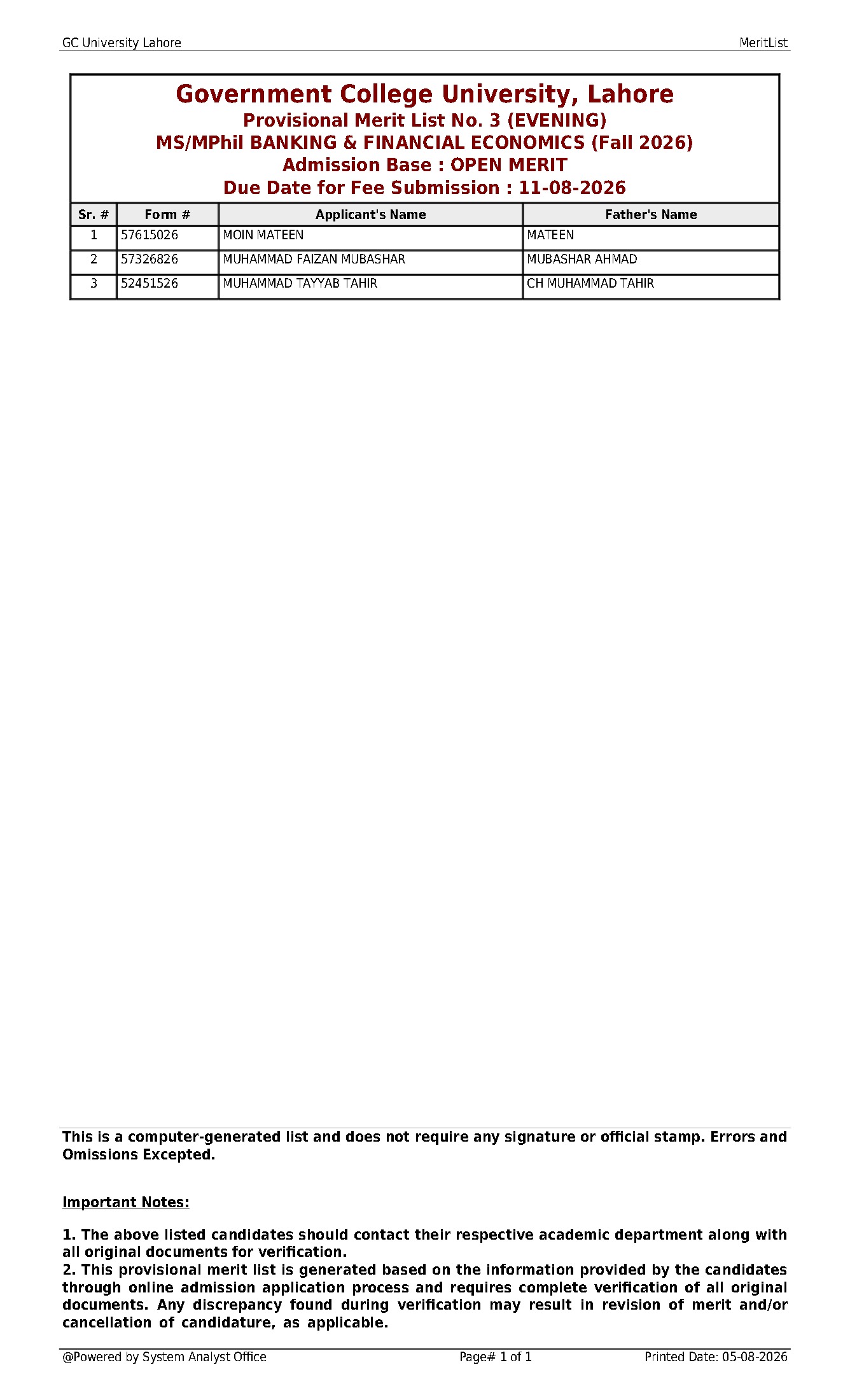 GCU Lahore Merit List 2026 Released for MS and MPhil Admissions