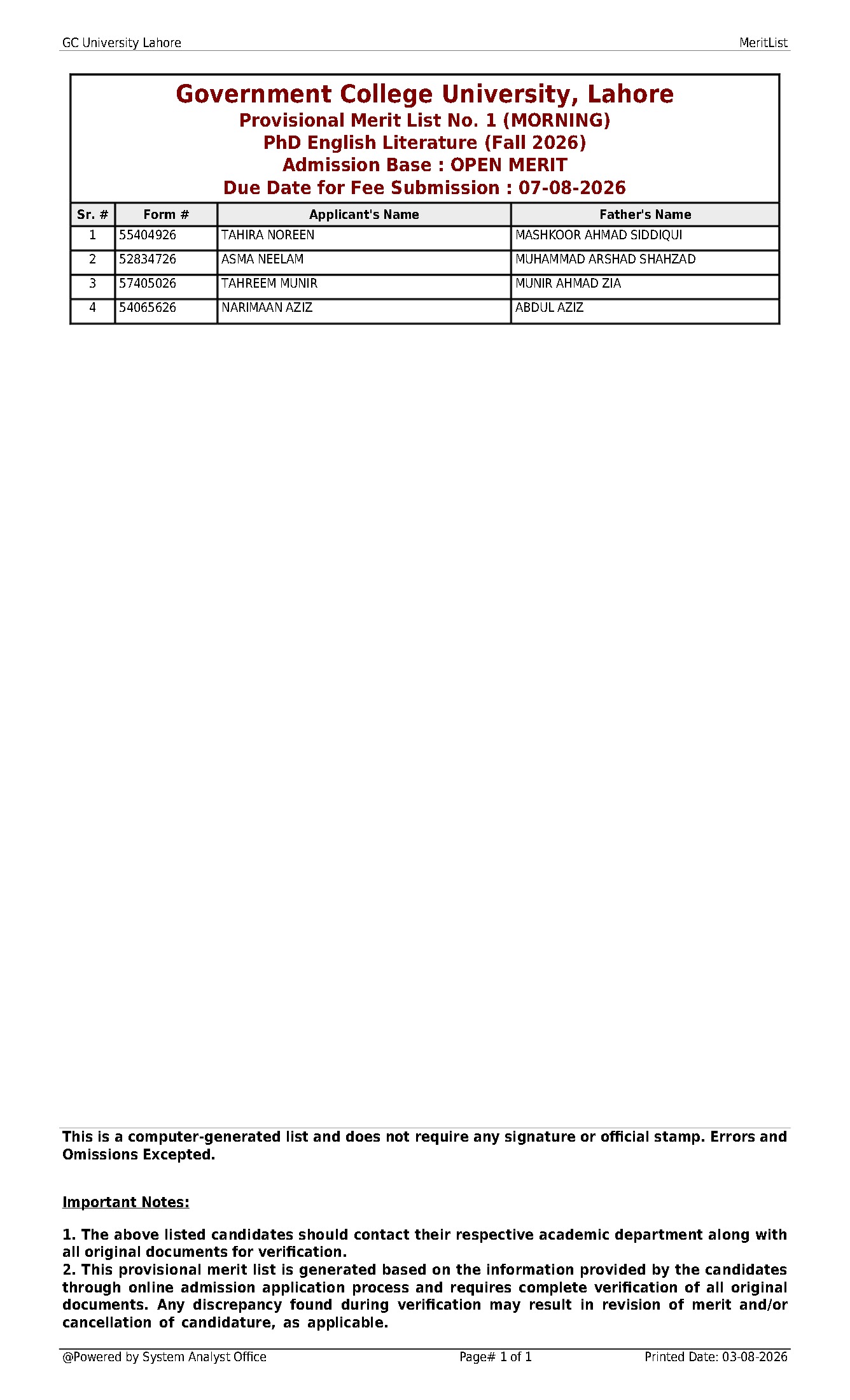 GCU Lahore Merit List 2026 Released for PhD Admissions GCU Lahore Merit List 2026 Released for PhD Admissions