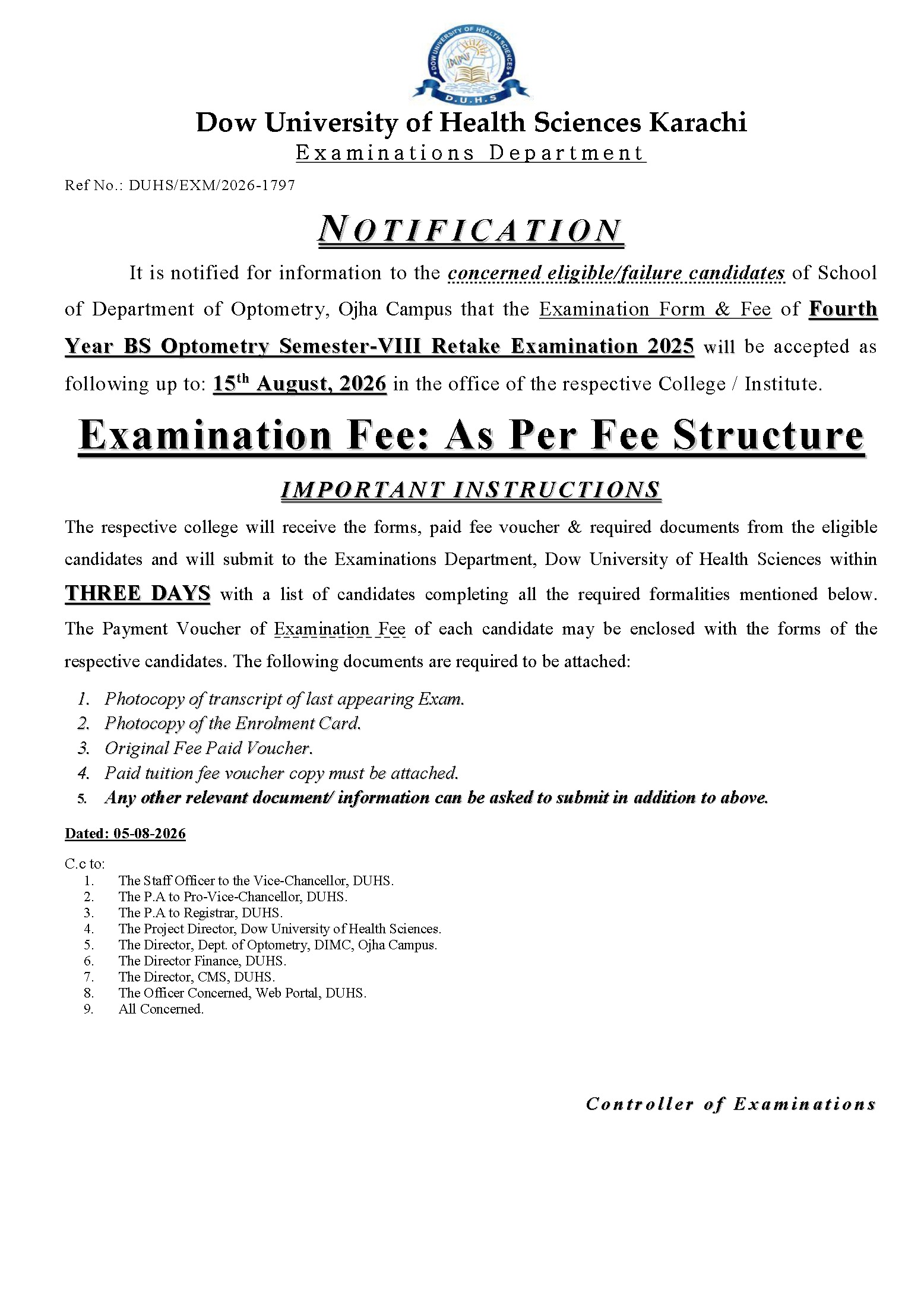 DUHS BS Optometry Exam Form & Fee Submission Deadline Announced 2026 DUHS BS Optometry Exam Form & Fee Submission Deadline Announced 2026