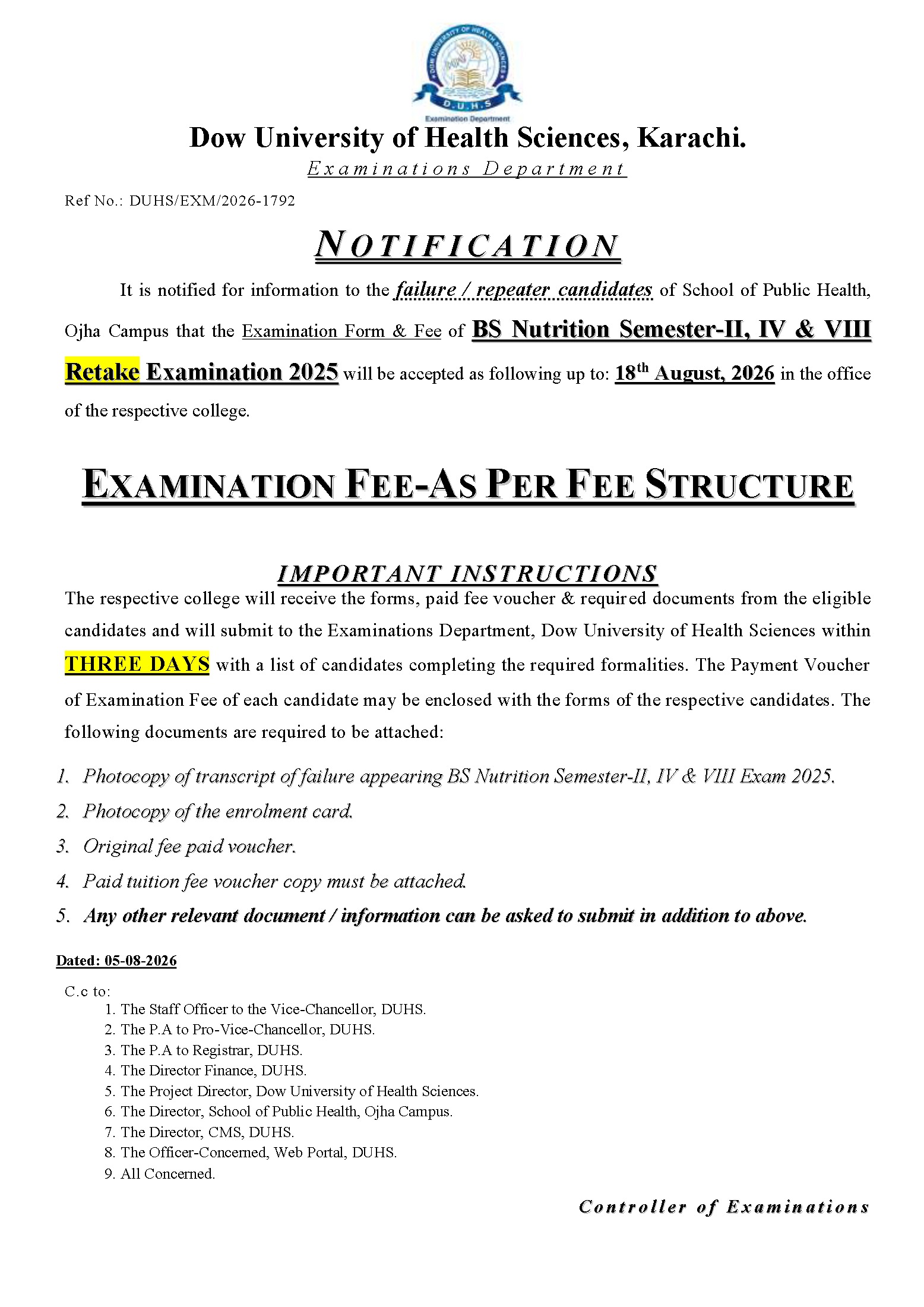 DUHS BS Nutrition Exam Form Submission & Fee Notice 2026 Announced DUHS BS Nutrition Exam Form Submission & Fee Notice 2026 Announced