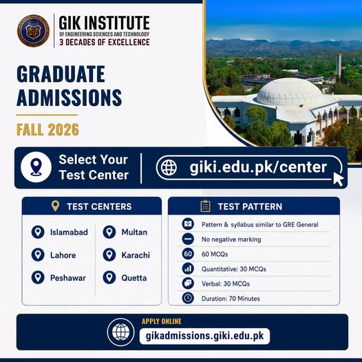 GIKI Admission Test Notice 2026 Announced for Graduate Admissions GIKI Admission Test Notice 2026 Announced for Graduate Admissions