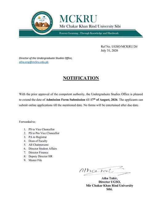 MCKRU Deadline Extension Notice 2026 for Admission Form Submission Issued MCKRU Deadline Extension Notice 2026 for Admission Form Submission Issued