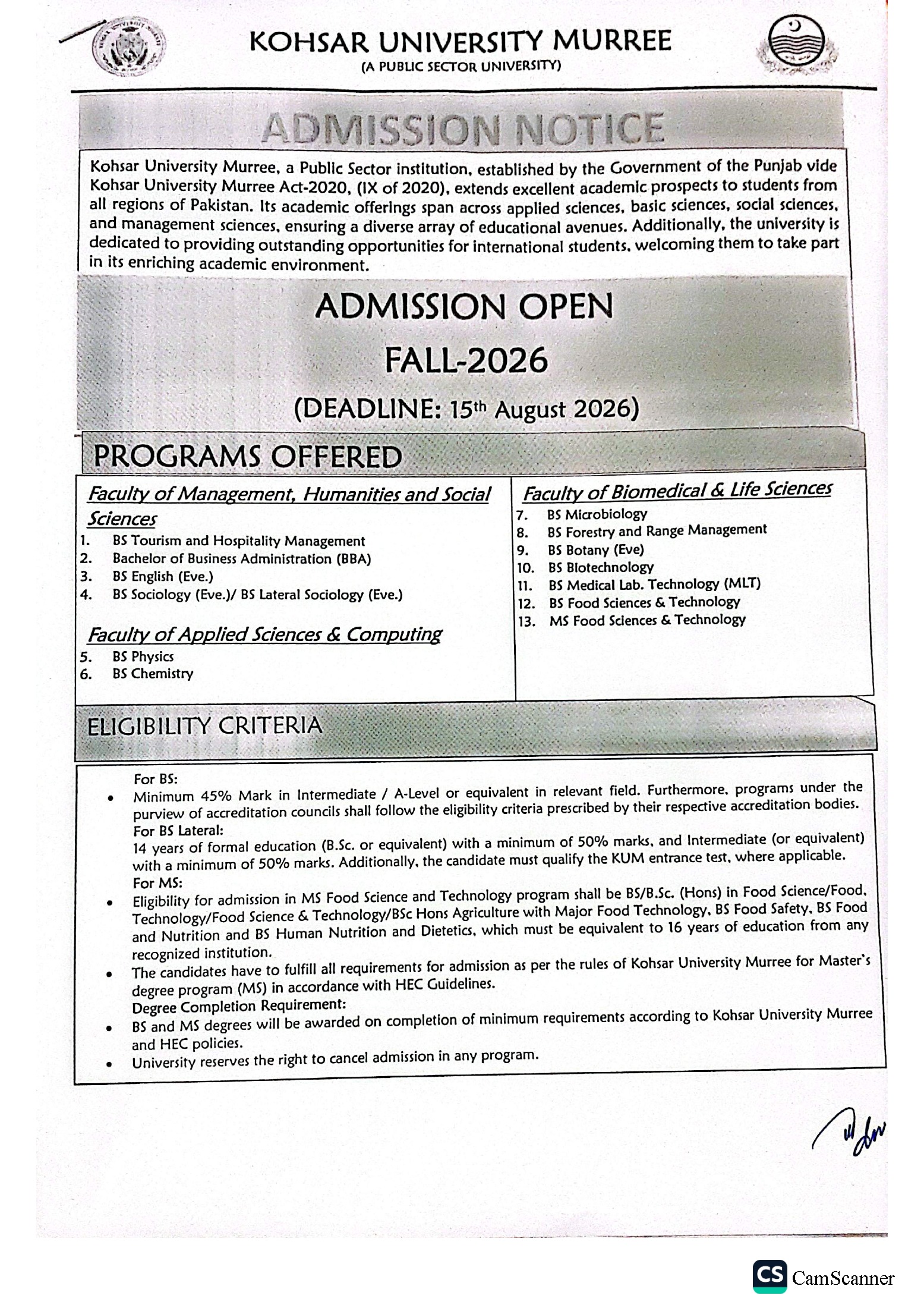 Kohsar University Murree Releases Admission Notice 2026 for New Applicants Kohsar University Murree Releases Admission Notice 2026 for New Applicants