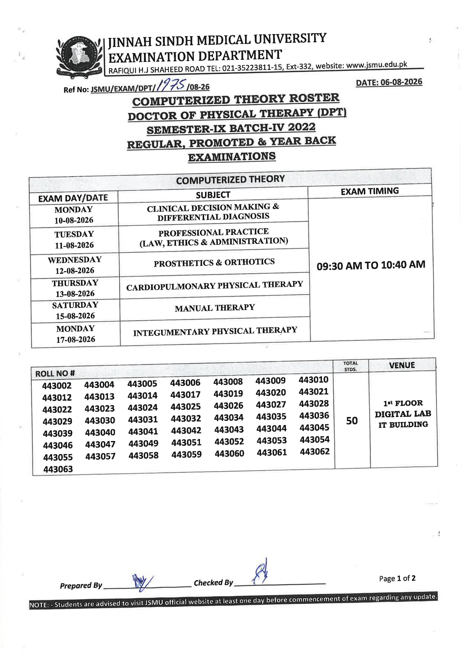 JSMU Time Table 2026 Released for DPT Semester IX Examinations