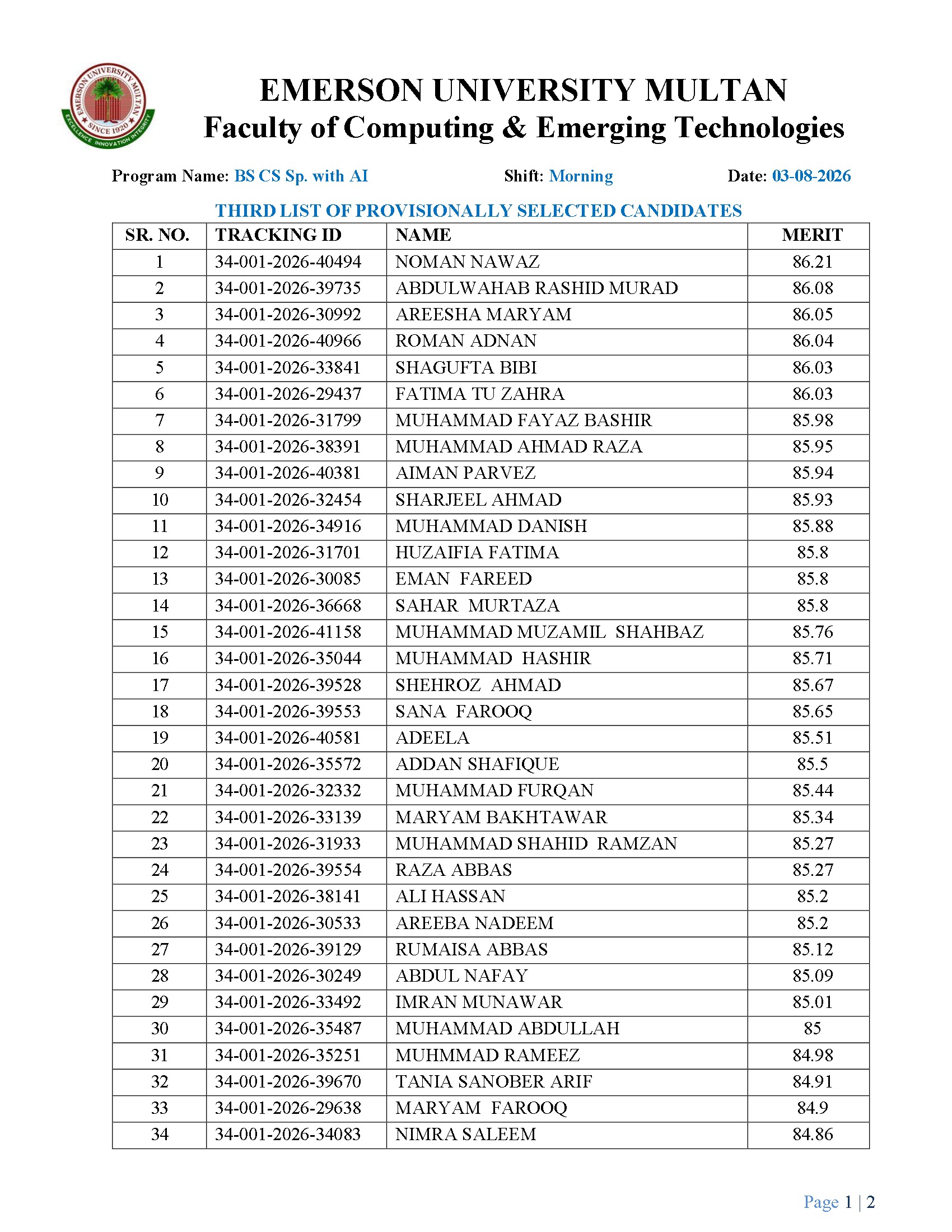 EUM Merit List 2026 Released for BS Programs EUM Merit List 2026 Released for BS Programs